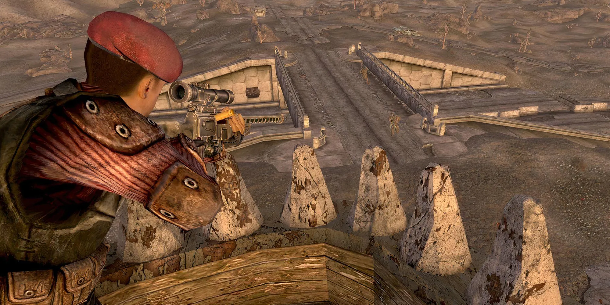 Nhân vật chính Fallout New Vegas sử dụng súng bắn tỉa trên đỉnh tháp nhìn ra cảnh quan