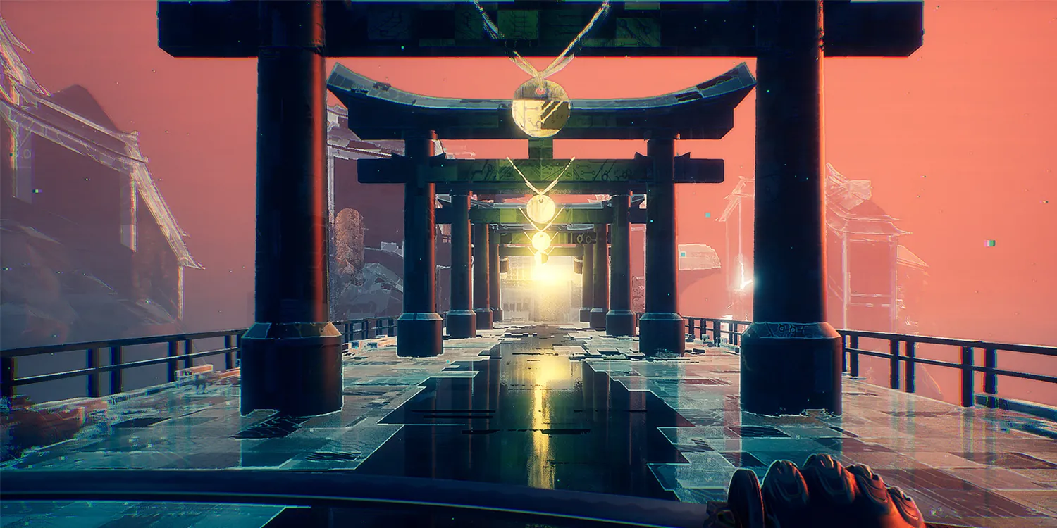 Nhân vật chính Ghostrunner đang thực hiện pha hành động parkour tốc độ cao trong môi trường cyberpunk