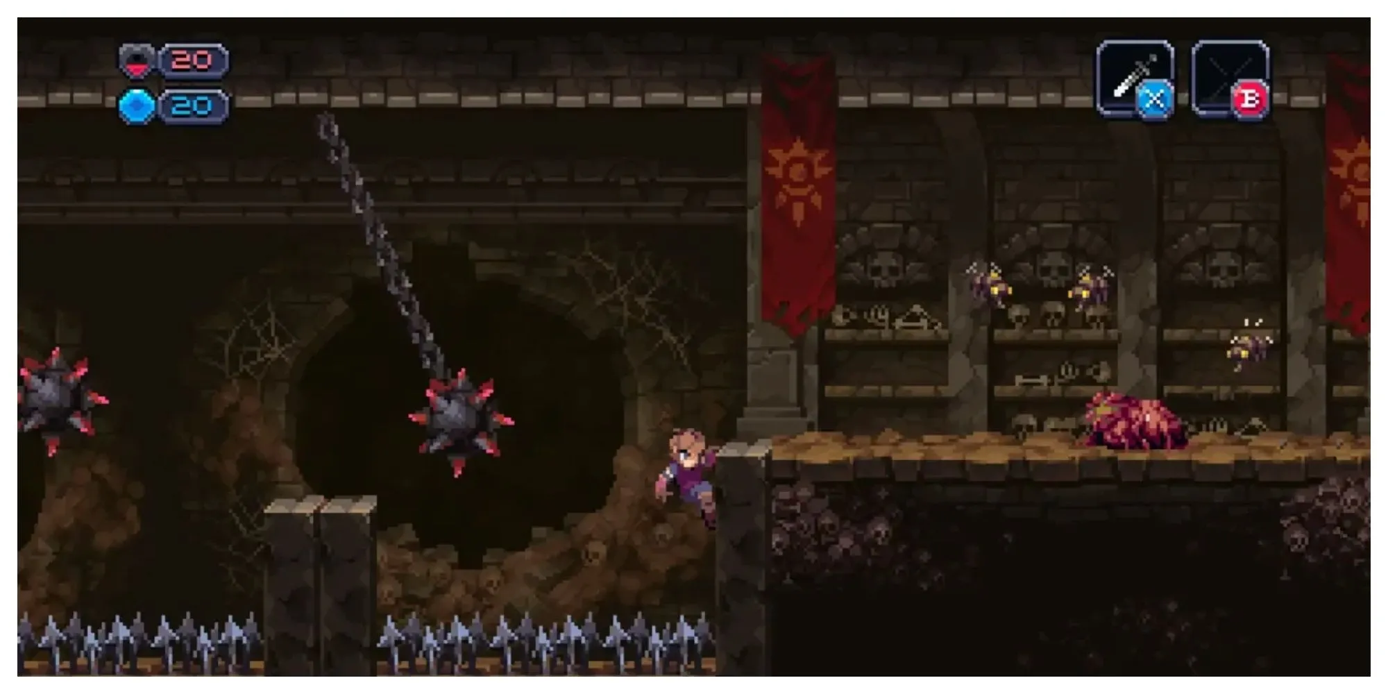 Nhân vật chính khám phá hầm ngục tăm tối trong game Metroidvania pixel art Chasm