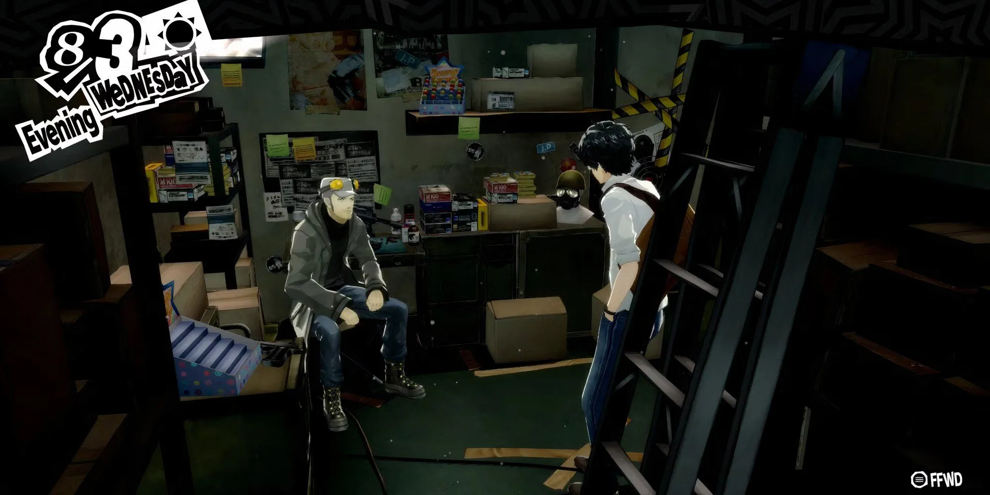 Nhân vật chính Persona 5 Royal đối thoại với Iwai tại cửa hàng súng để bắt đầu Confidant Hanged Man