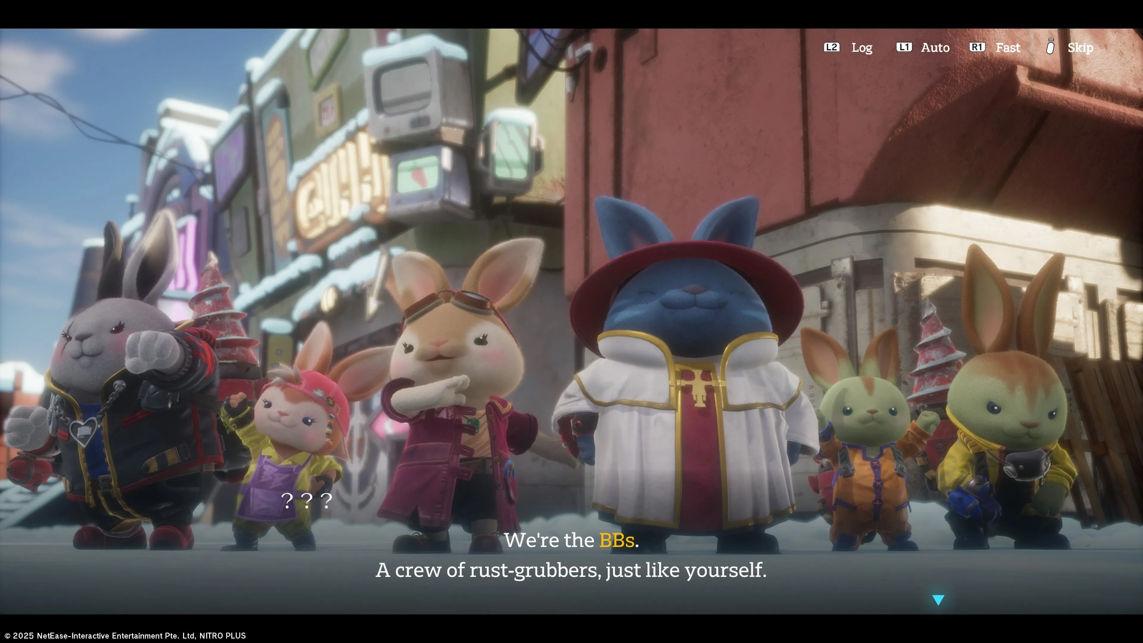 Nhân vật chính Rusty Stamp trò chuyện với một chú thỏ khác trong game Rusty Rabbit