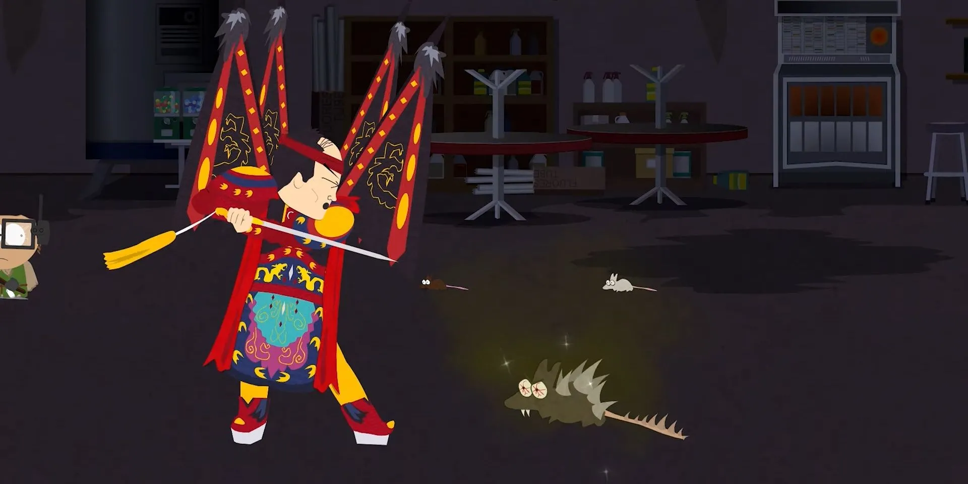 Nhân vật chính triệu hồi Mr. Kim từ City Wok trong South Park: The Stick of Truth