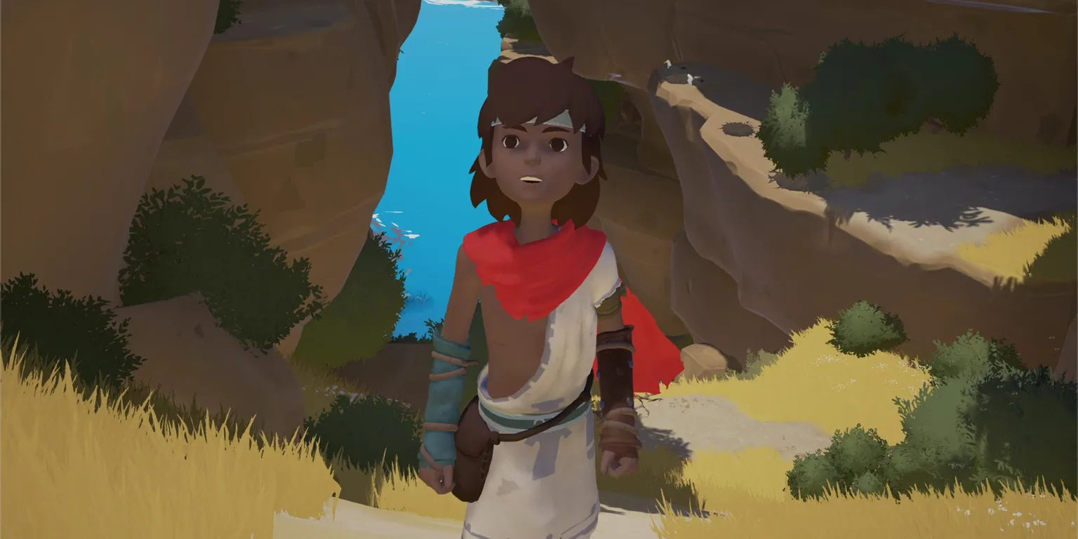 Nhân vật chính trong game Rime đứng trước một công trình cổ kính trên hòn đảo bí ẩn