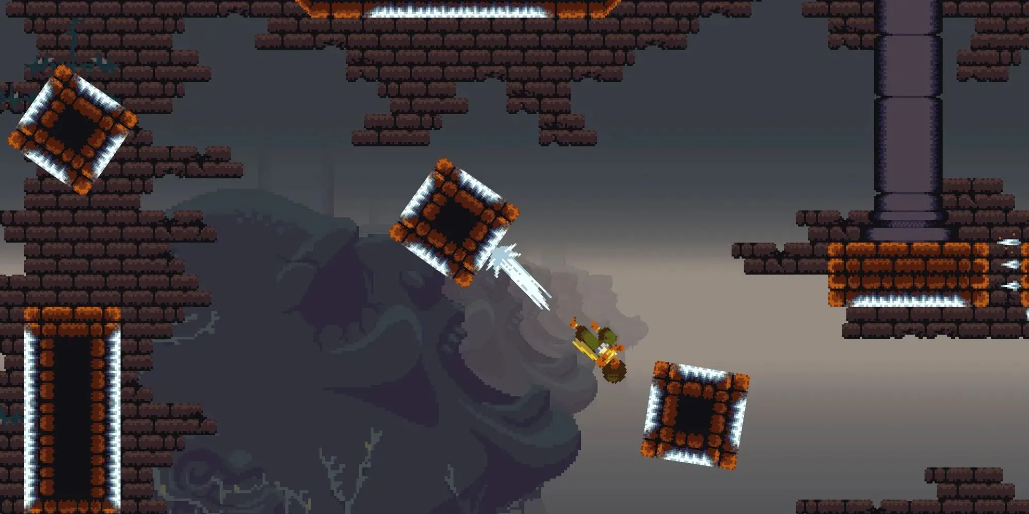 Nhân vật chính trong một game Metroidvania phong cách pixel art với cơ chế di chuyển độc đáo