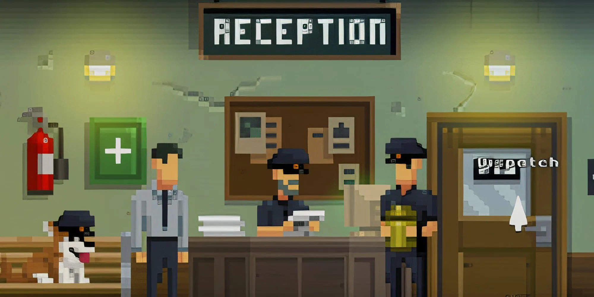 Nhân vật chính trong The Darkside Detective tương tác với người khác ở quầy lễ tân, thể hiện phong cách pixel art và không khí bí ẩn