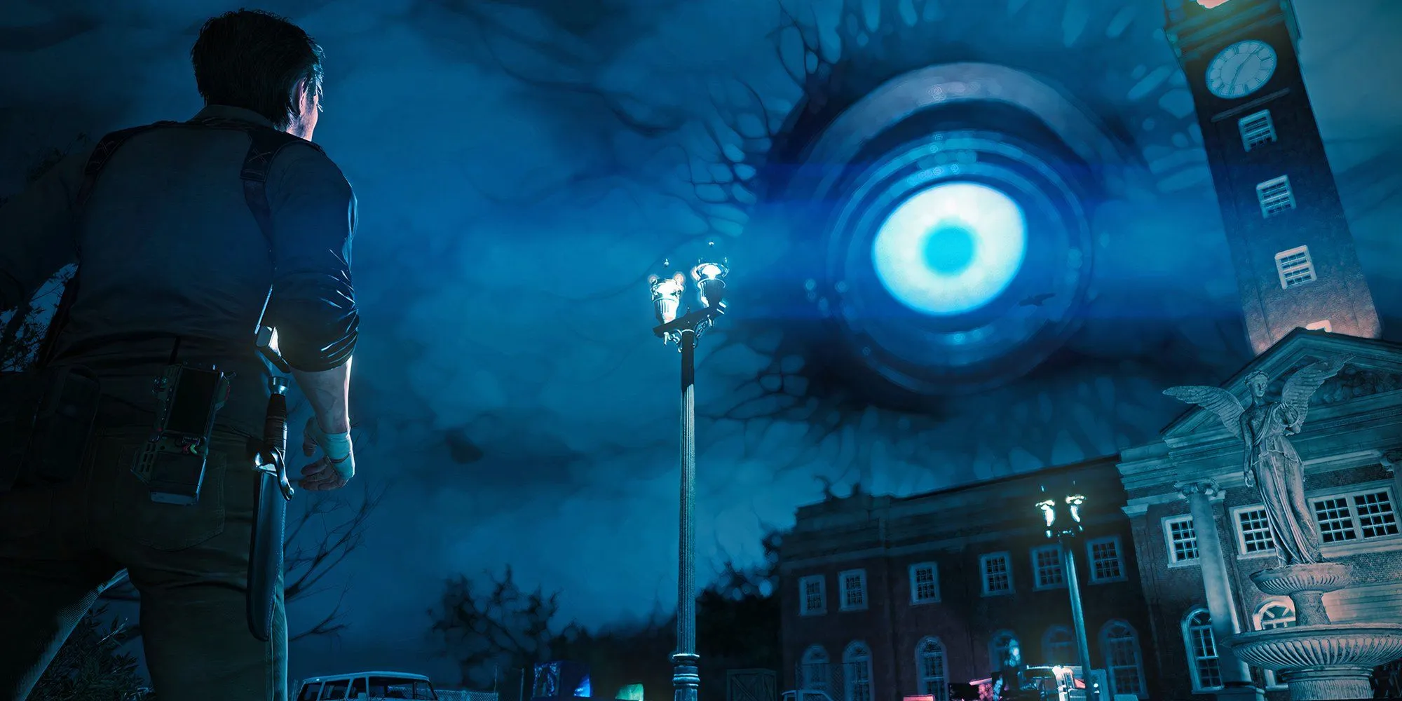 Nhân vật chính trong The Evil Within 2 nhìn lên con mắt khổng lồ trên bầu trời, thể hiện yếu tố kinh dị siêu thực