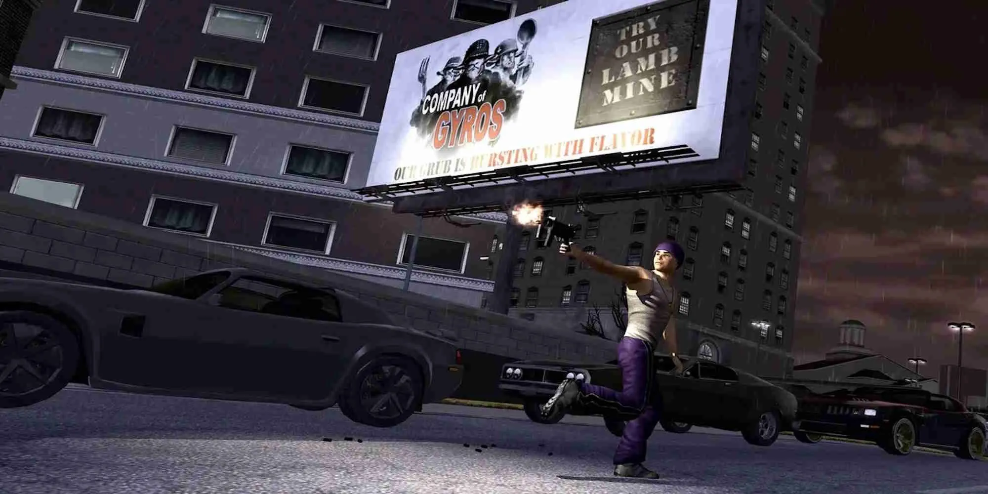 Nhân vật chính và đồng đội tham gia cuộc đấu súng trên đường phố trong Saints Row 2