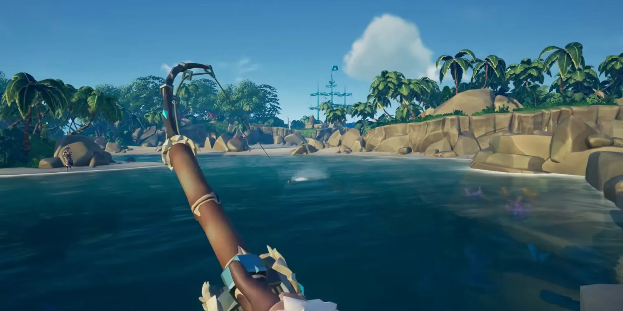 Nhân vật đang câu cá trên thuyền trong Sea of Thieves với cảnh biển hoàng hôn