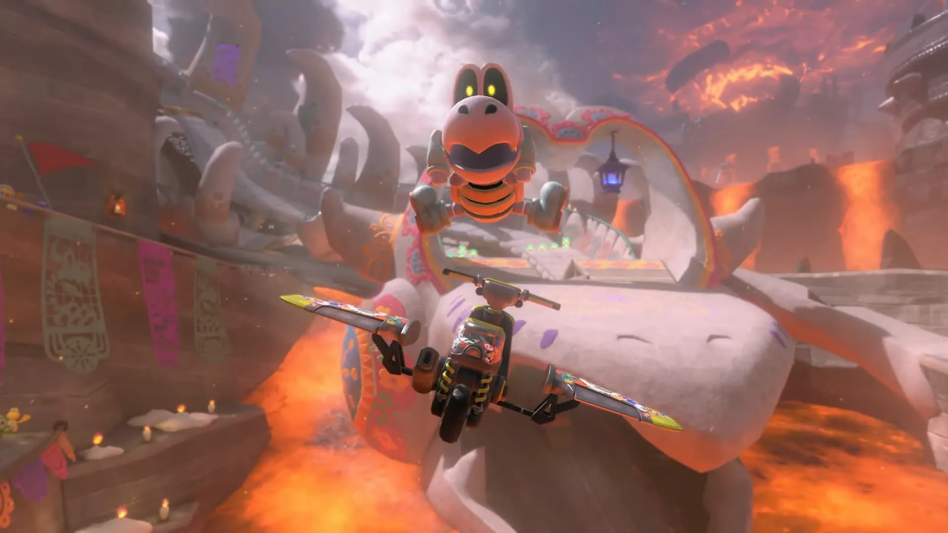 Nhân vật Dry Bones thực hiện cú nhảy ấn tượng trong gameplay Mario Kart World