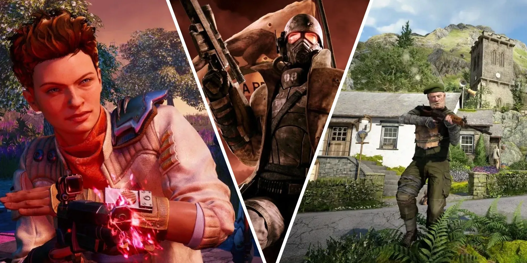 Nhân vật Ellie từ The Outer Worlds (trái), một NCR Ranger từ Fallout: New Vegas (giữa), và một cảnh từ Atomfall (phải) - minh họa cho các tựa game có phong cách tương đồng New Vegas