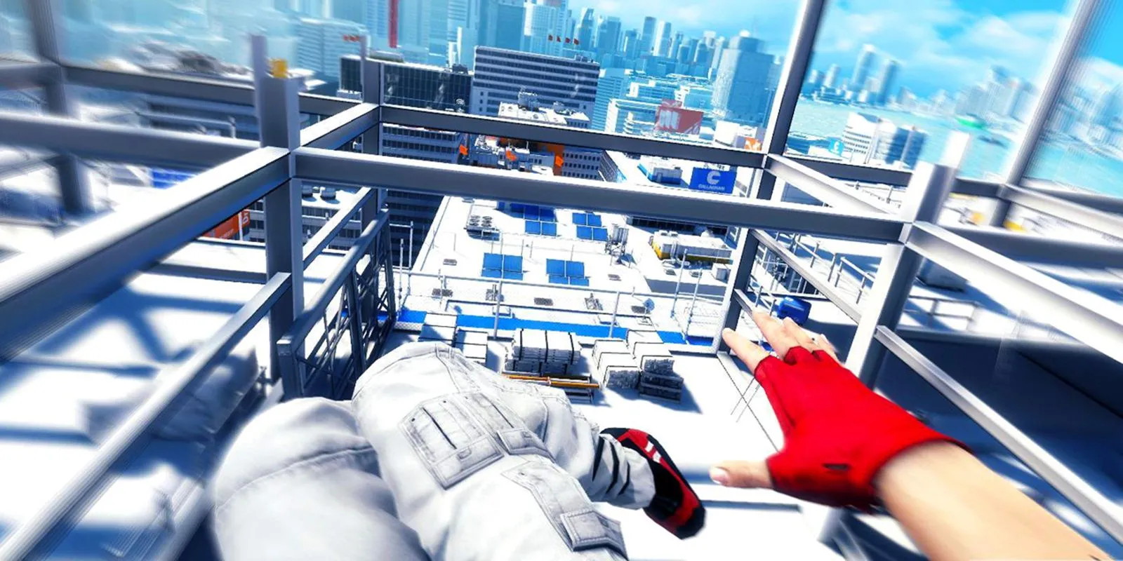Nhân vật Faith Connors trong Mirror's Edge đang thực hiện động tác parkour trên nóc nhà thành phố