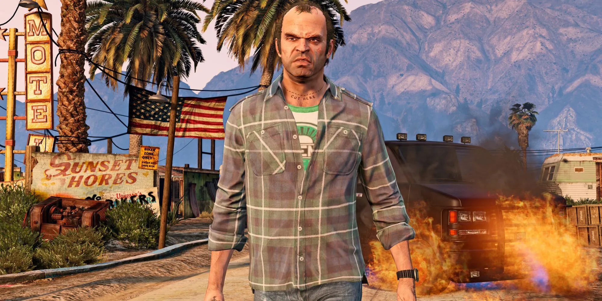 Nhân vật Franklin lái xe thể thao màu xanh trong Grand Theft Auto V