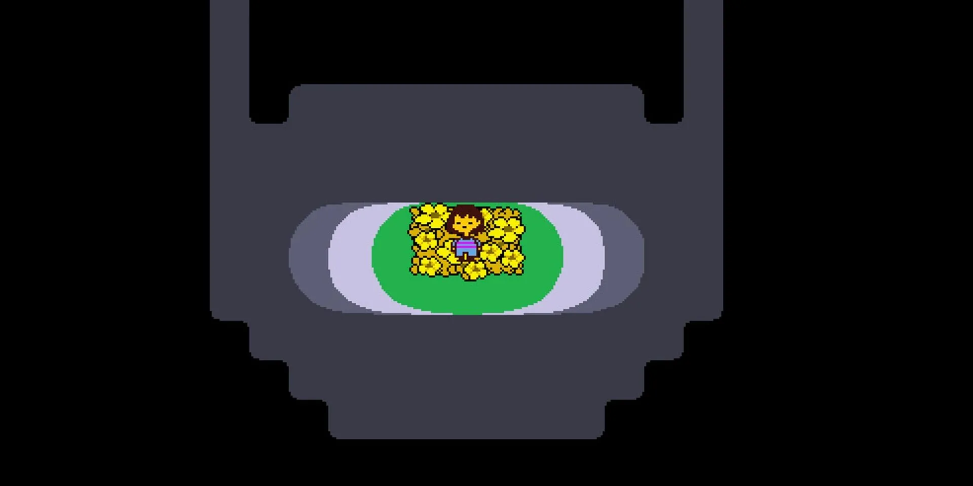 Nhân vật Frisk đứng trên đống hoa vàng trong Undertale với đồ họa pixel art đơn giản