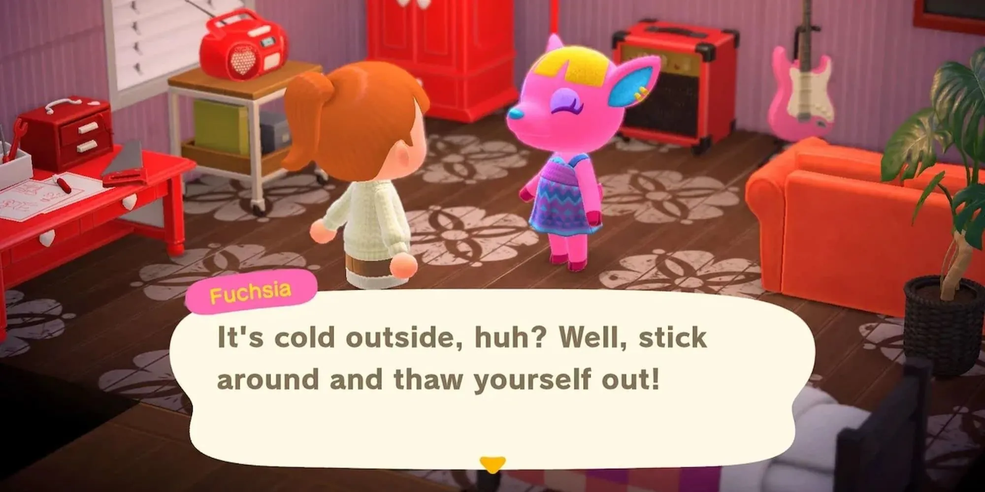 Nhân vật Fuchsia đang nói chuyện trong game Animal Crossing New Horizons
