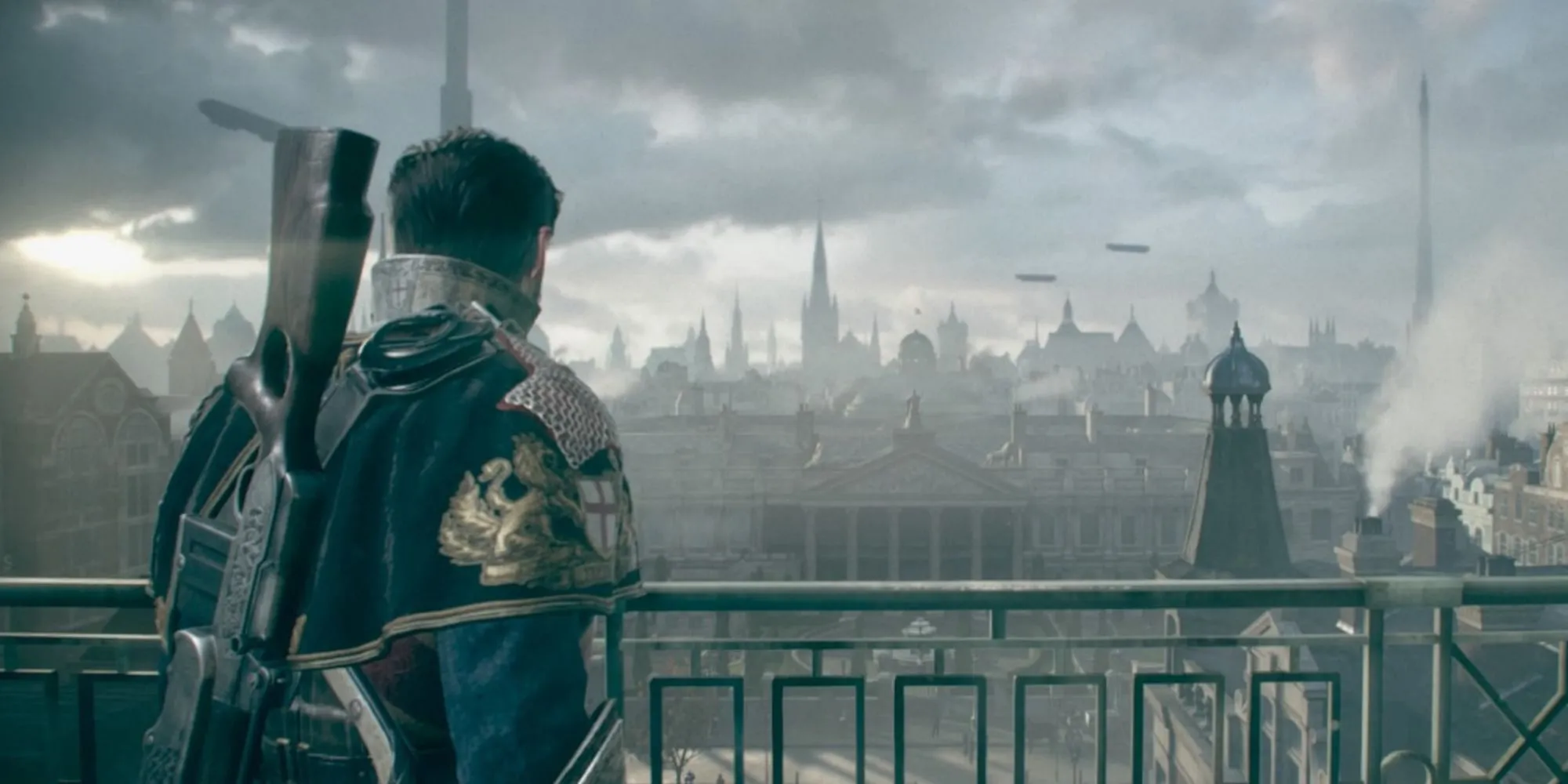 Nhân vật Galahad trong The Order 1886 đang nhìn bao quát thành phố London thời Victoria từ trên cao