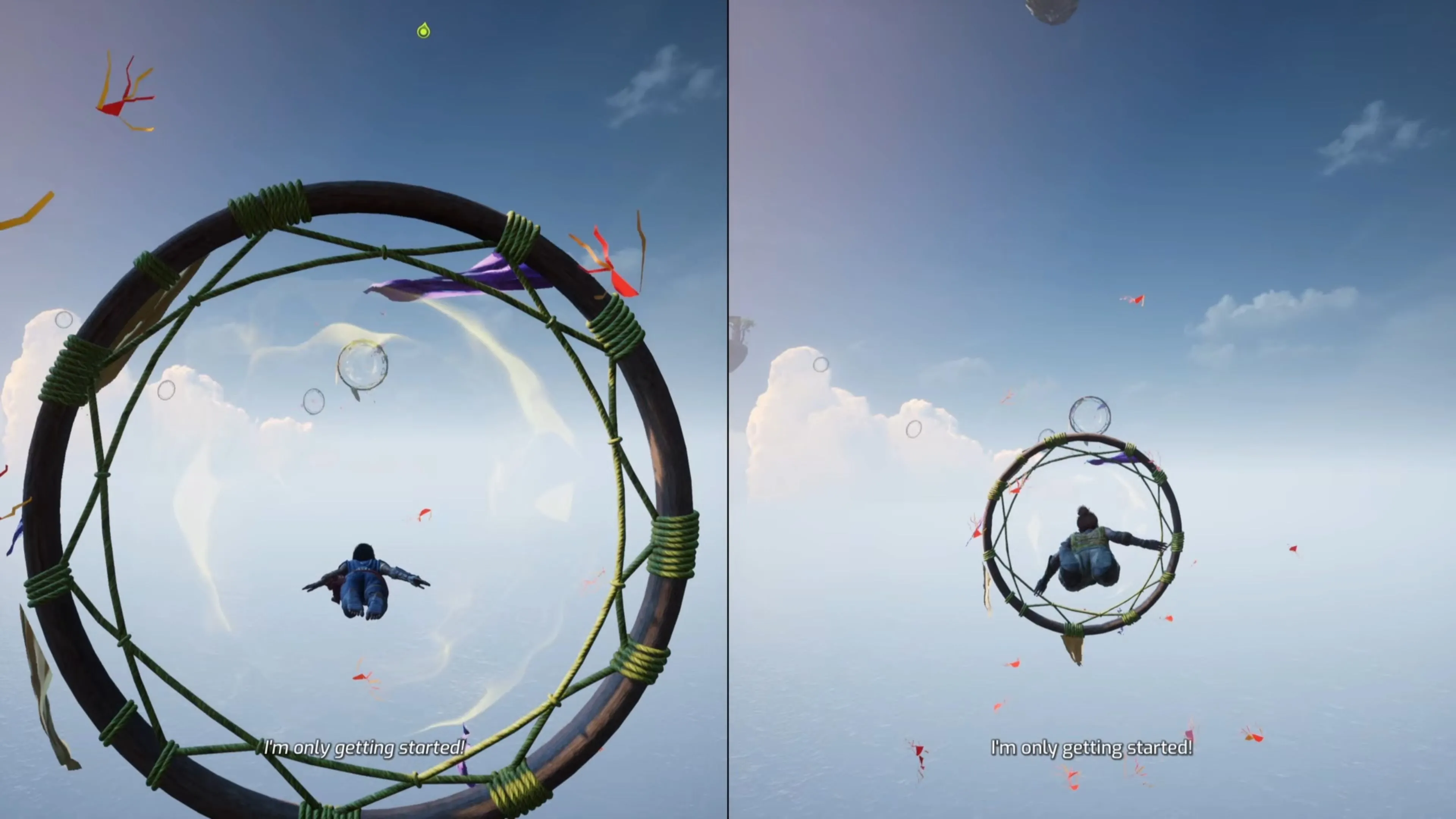 Nhân vật game Split Fiction bay lượn khéo léo qua các vòng tròn trong màn Kites