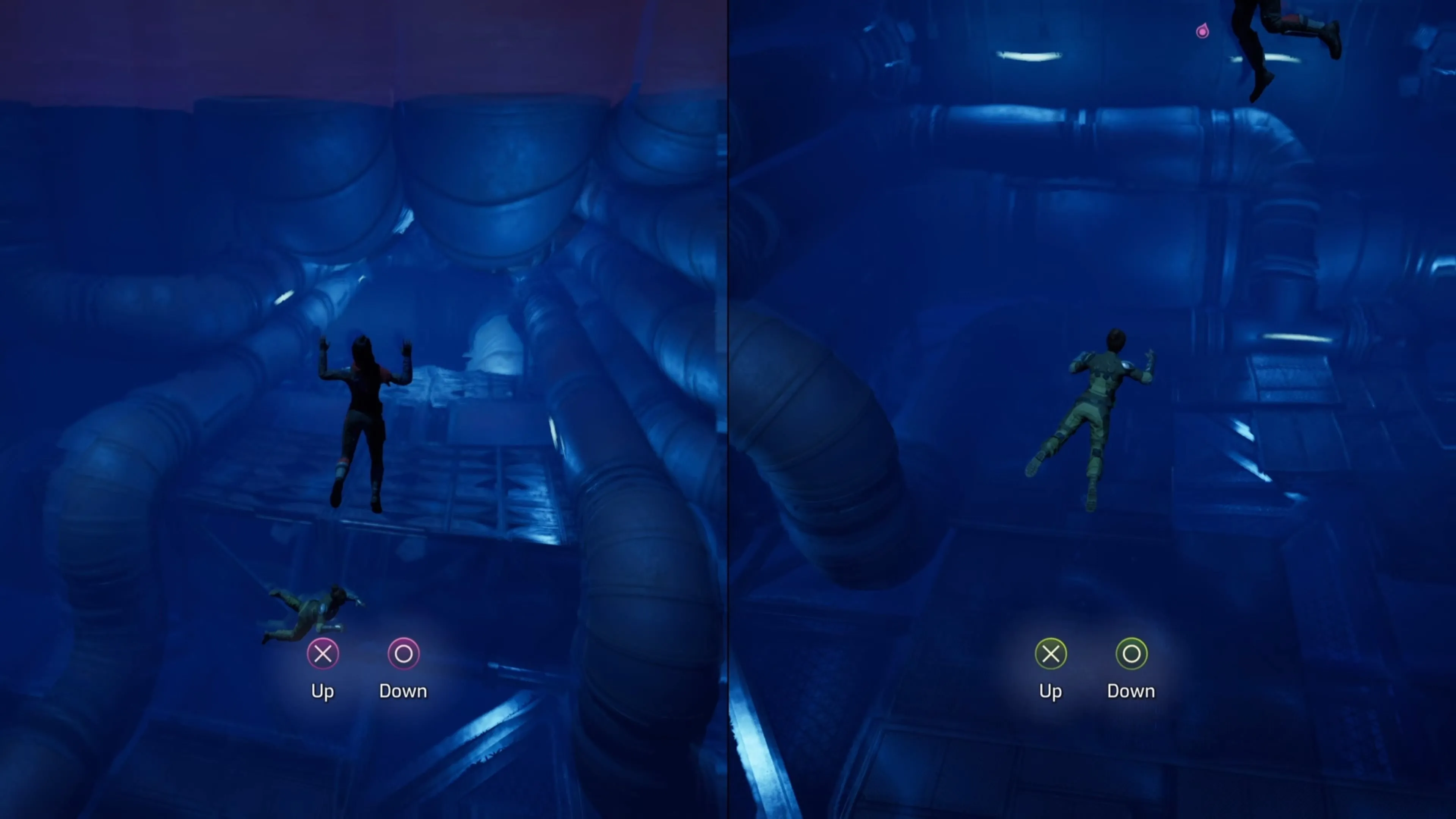 Nhân vật game Split Fiction đang bơi dưới nước hướng về phía ánh sáng và một gờ đá để trèo lên