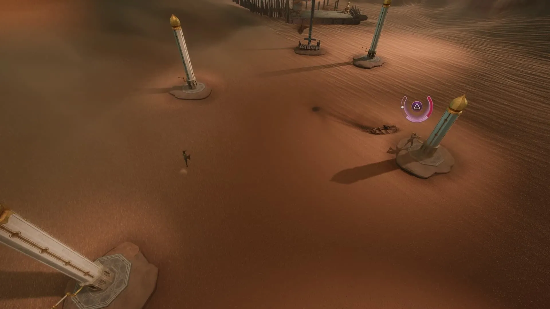 Nhân vật game Split Fiction đang thực hiện cú nhảy qua bẫy chuông trong màn chơi The Legend of the Sandfish để dụ cá cát.