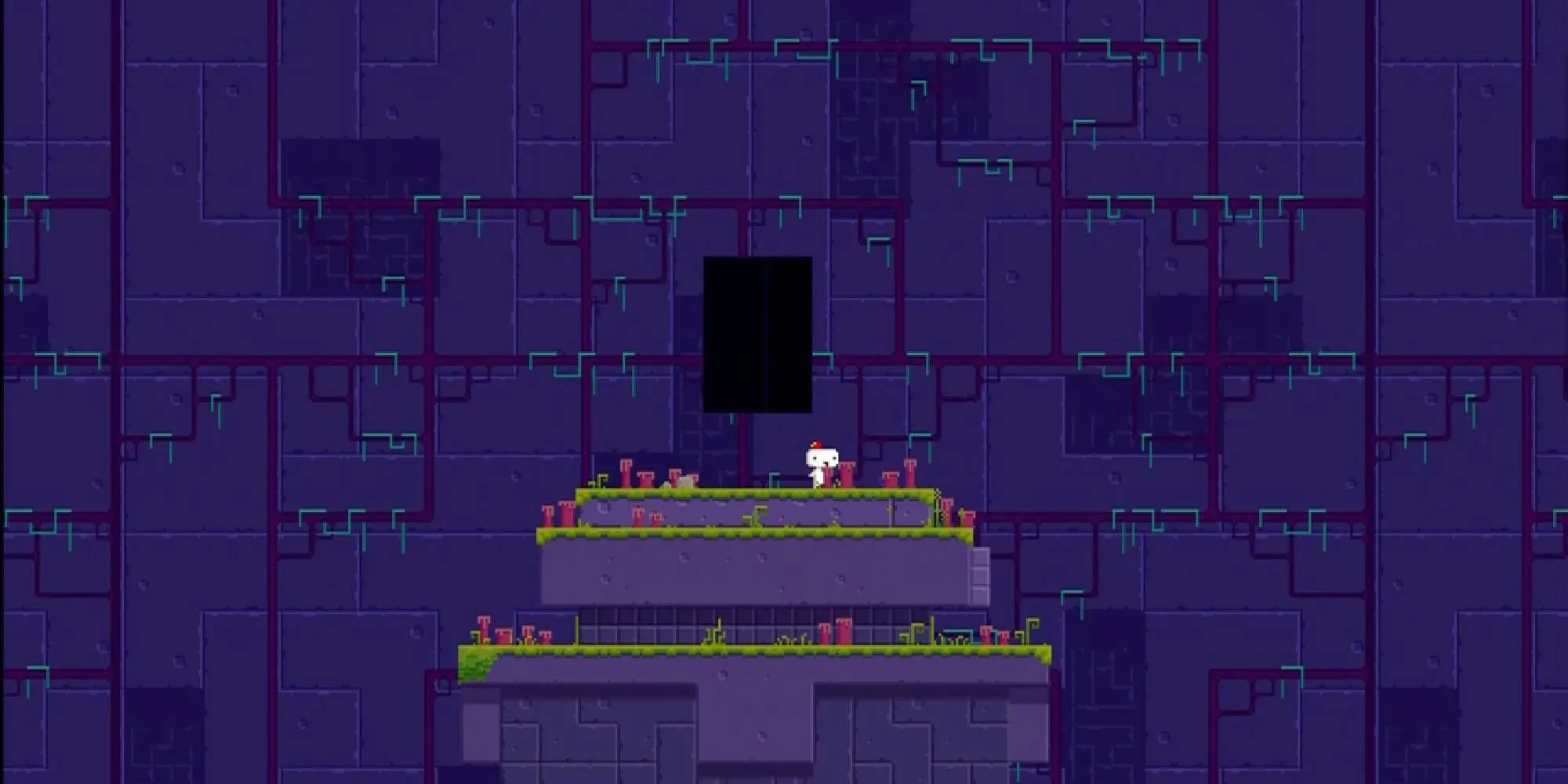 Nhân vật Gomez đứng trước Khối Đá Đen bí ẩn trong game Fez