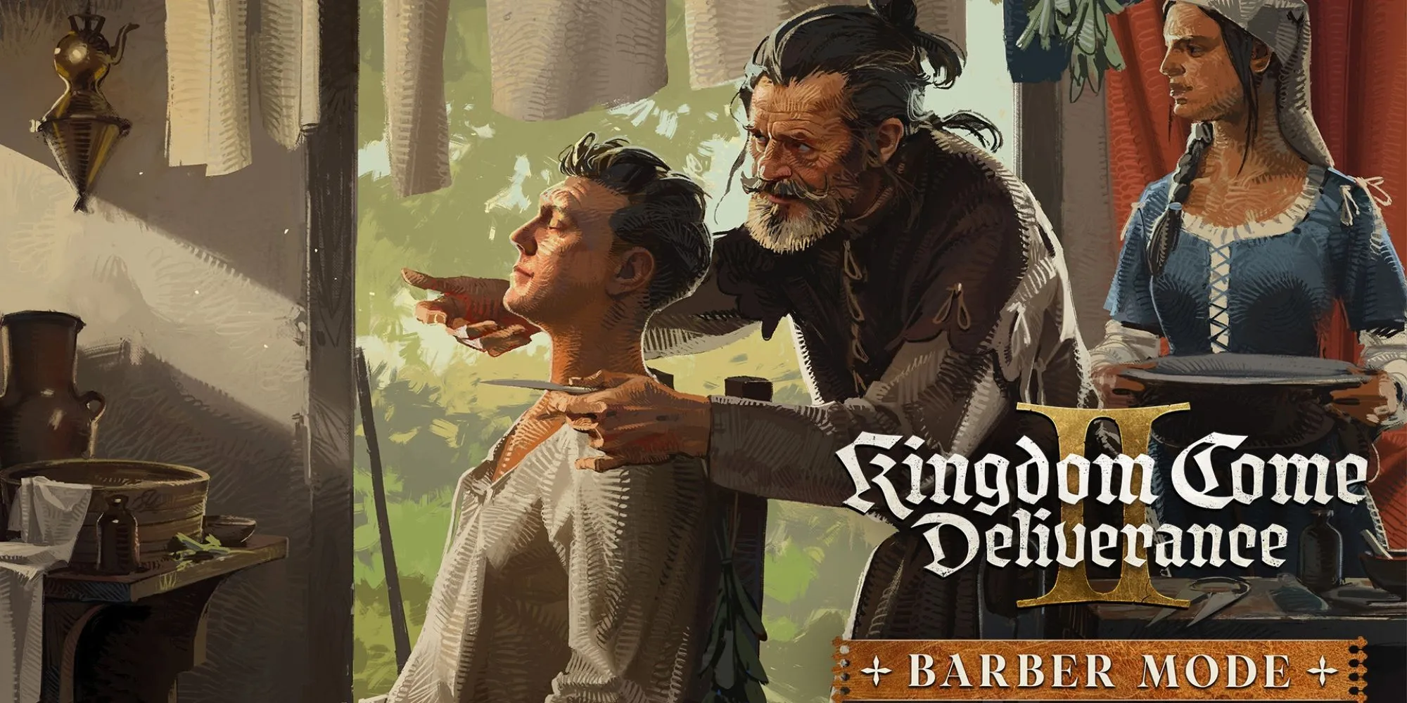 Nhân vật Henry trong Kingdom Come Deliverance 2 tại tiệm cắt tóc với một thợ cạo đang chuẩn bị tạo kiểu tóc mới