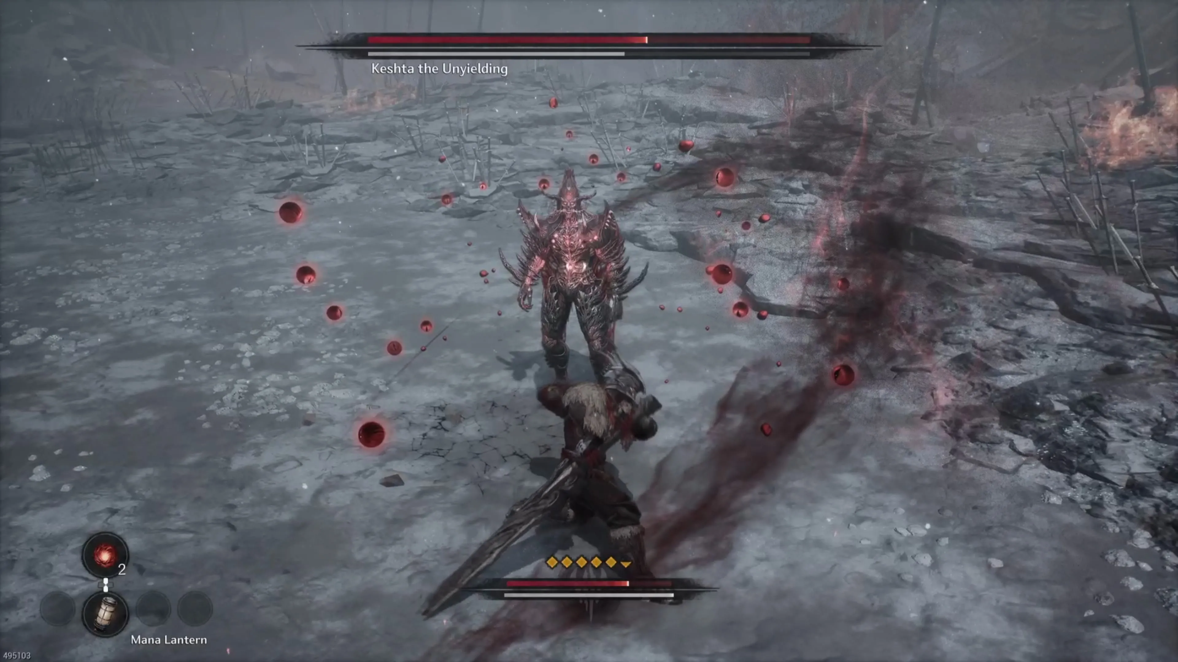 Nhân vật Khazan chiến đấu với boss Keshta the Unyielding.