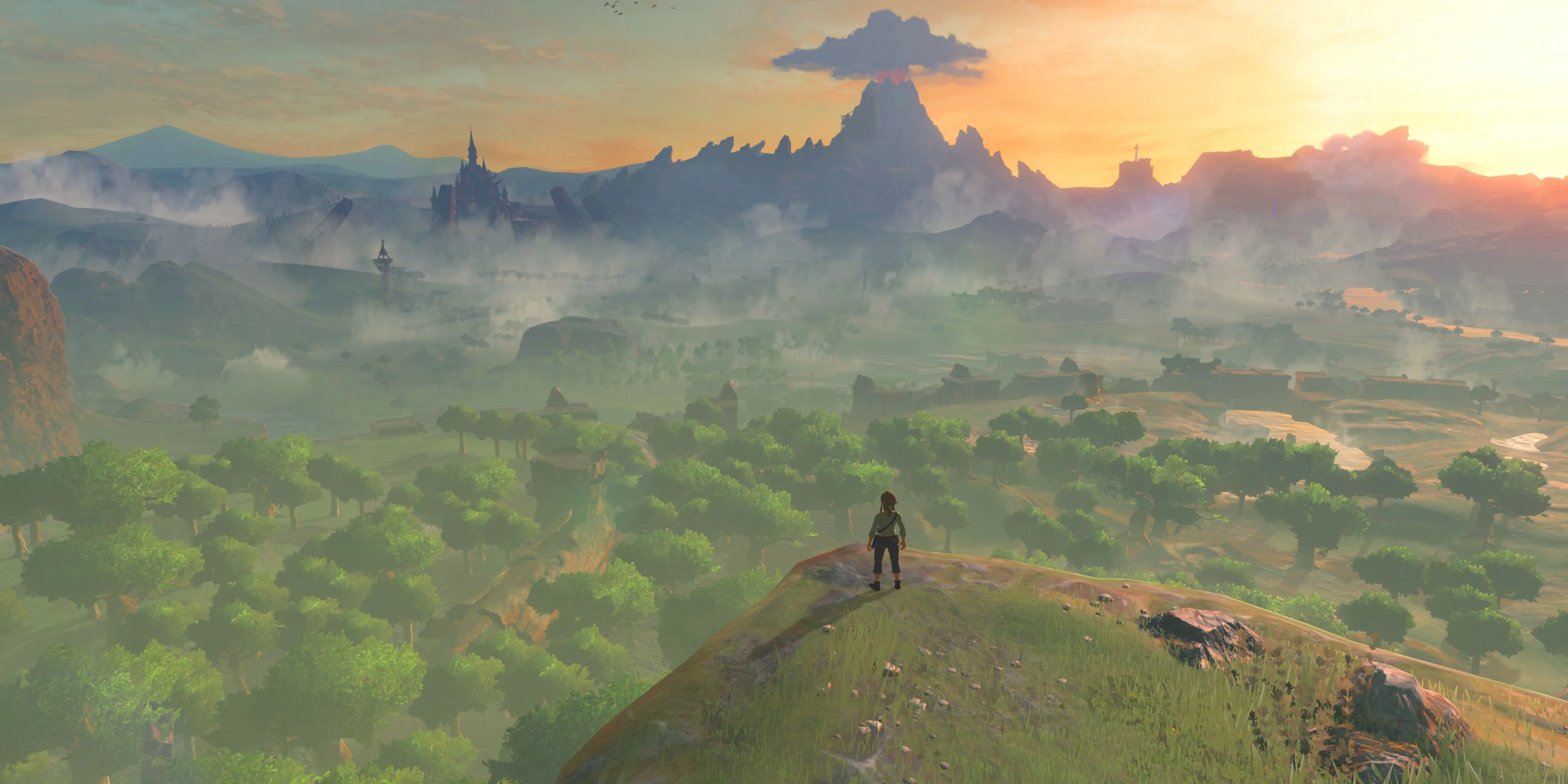 Nhân vật Link nhìn ra khung cảnh rộng lớn của Hyrule trong Zelda Breath of the Wild
