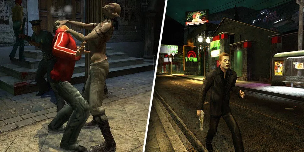 Nhân vật ma cà rồng trong game Vampire The Masquerade Bloodlines với bối cảnh thành phố đêm