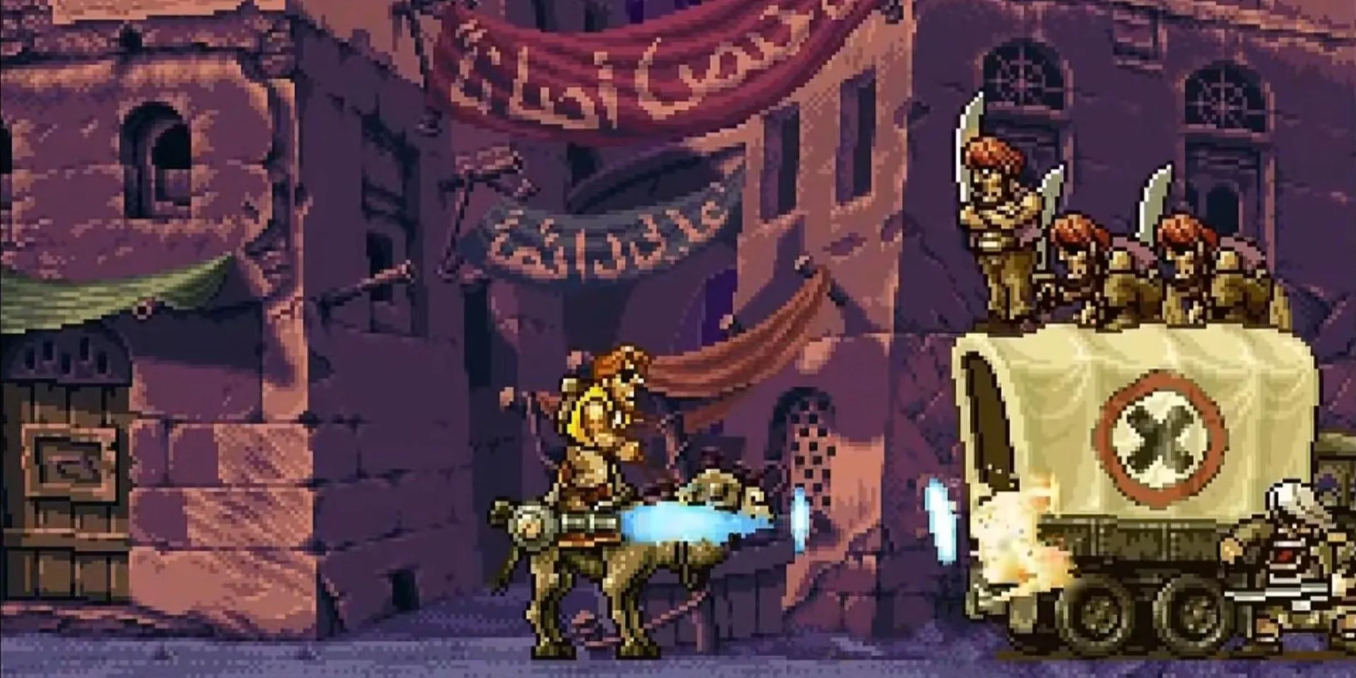Nhân vật Metal Slug X lái xe tăng chiến đấu với kẻ địch