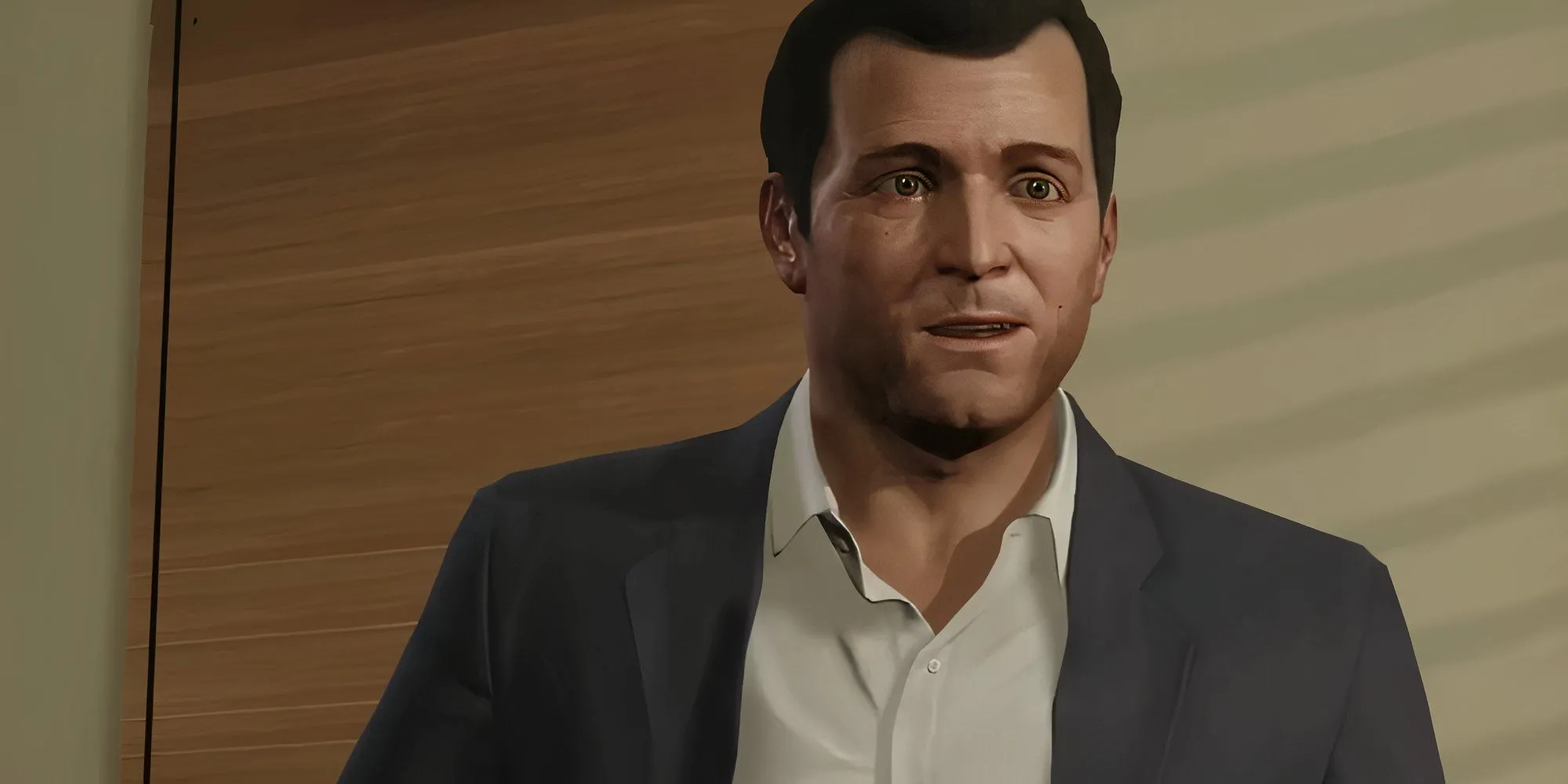 Nhân vật Michael De Santa trong GTA 5 đứng gần tường