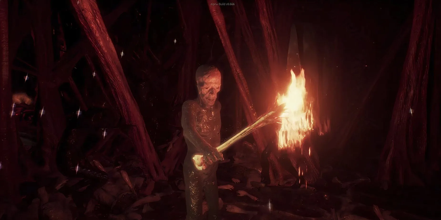 Nhân vật quỷ Alpha Demon trong game Agony cầm đuốc soi sáng khung cảnh địa ngục tăm tối