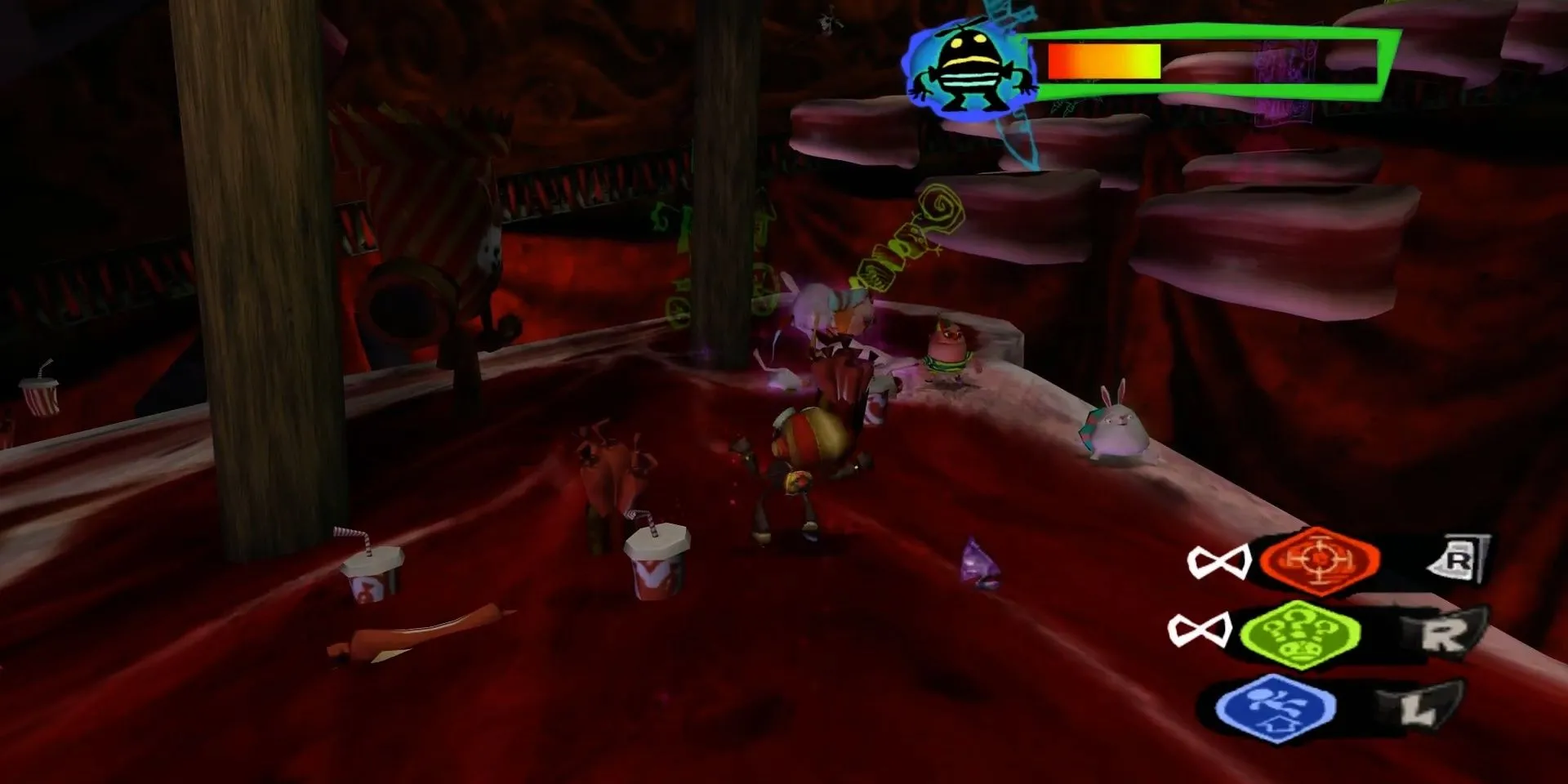 Nhân vật Raz bảo vệ Lil trong màn chơi Meat Circus của Psychonauts