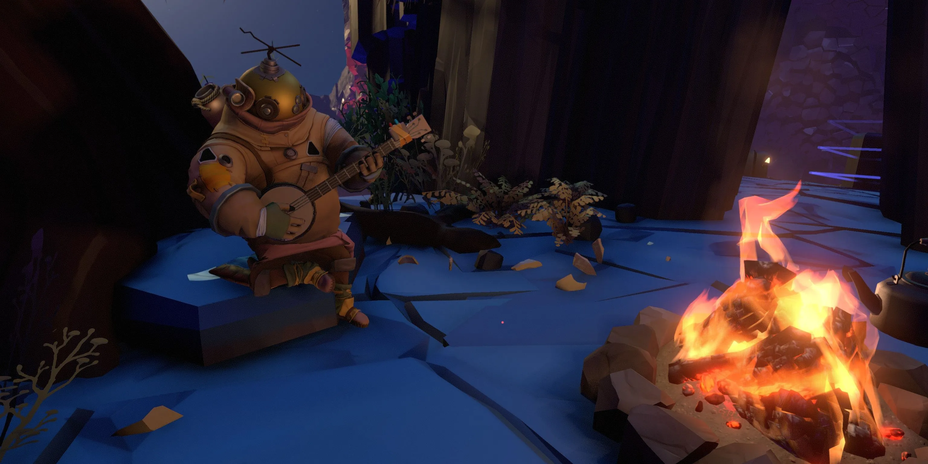 Nhân vật Riebeck đang chơi đàn banjo bên đống lửa trong game Outer Wilds