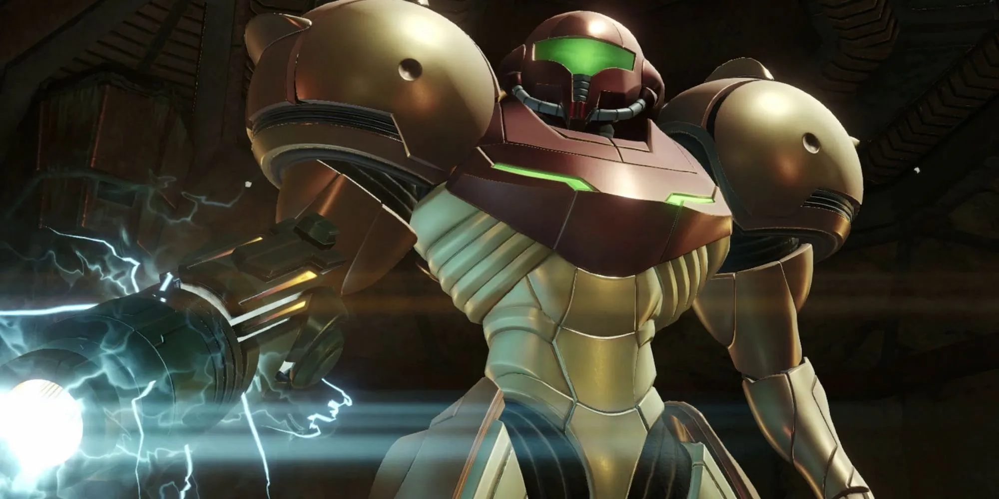 Nhân vật Samus Aran trong bộ giáp chiến đấu trong Metroid Prime Remastered