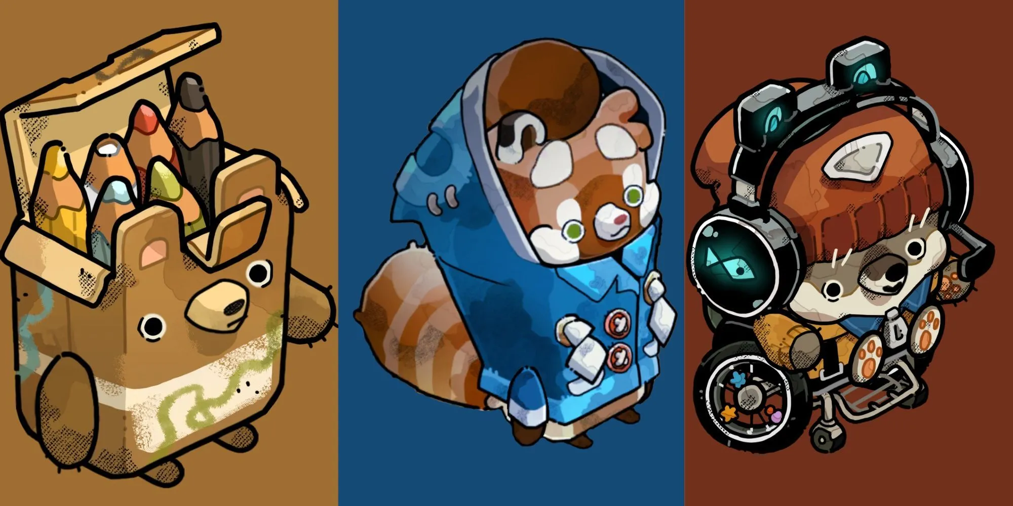 Nhân vật Spirit Scout trong Cozy Grove đang tương tác với một chú gấu ma trên một hòn đảo đầy màu sắc nhưng có phần u ám.