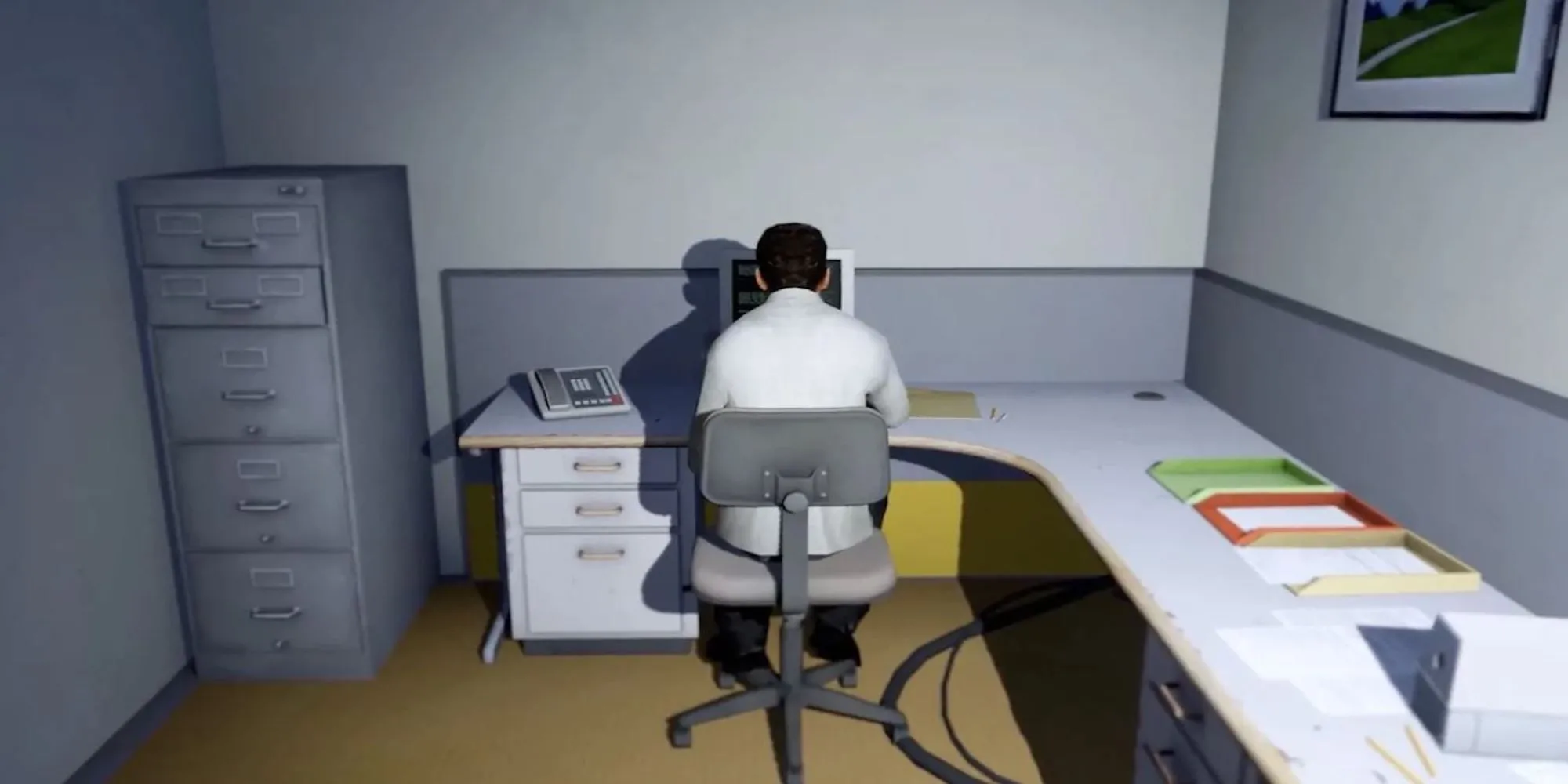Nhân vật Stanley ngồi trong văn phòng, bối cảnh game The Stanley Parable