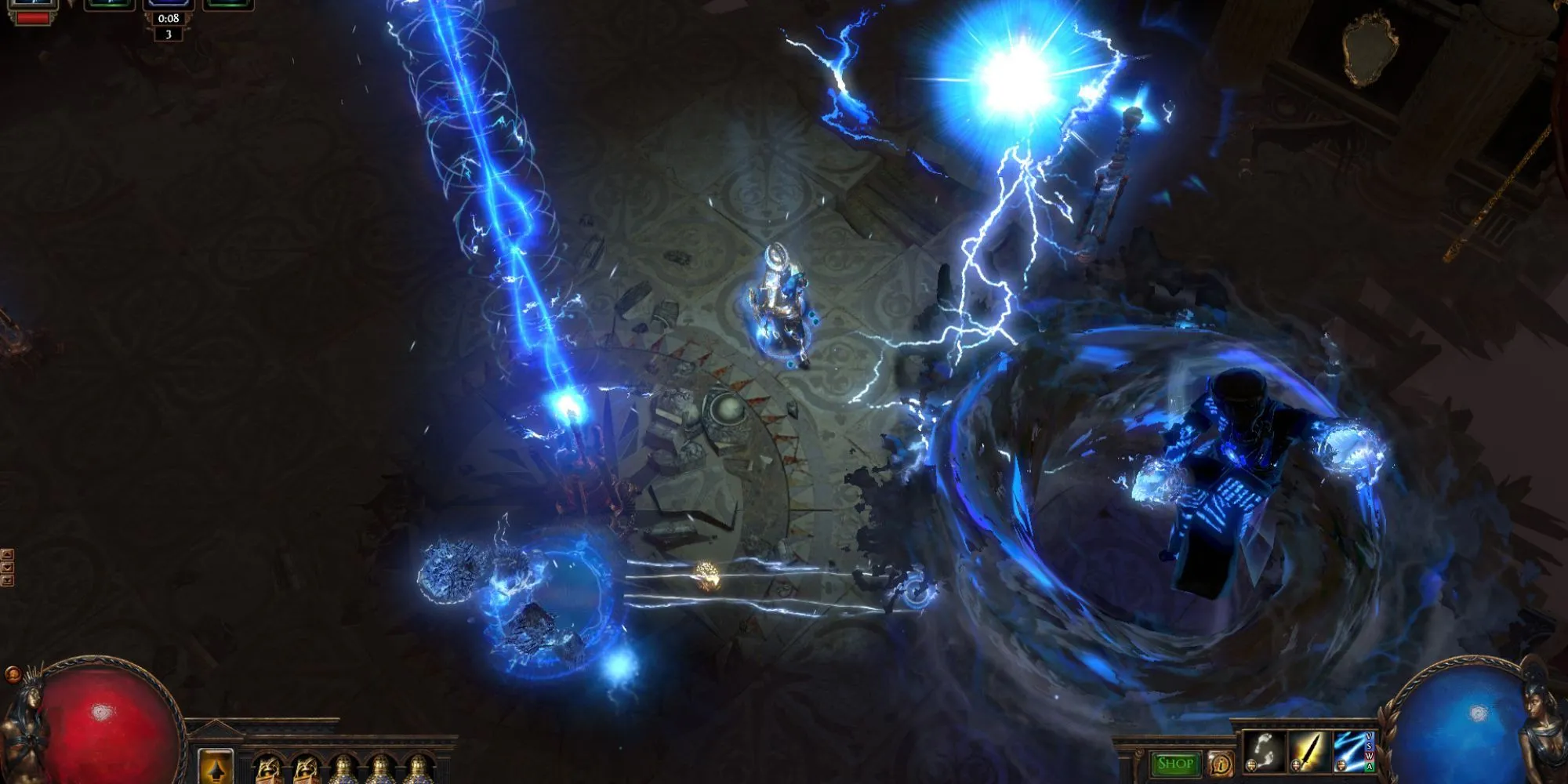 Nhân vật sử dụng kỹ năng sấm sét trong game Path of Exile