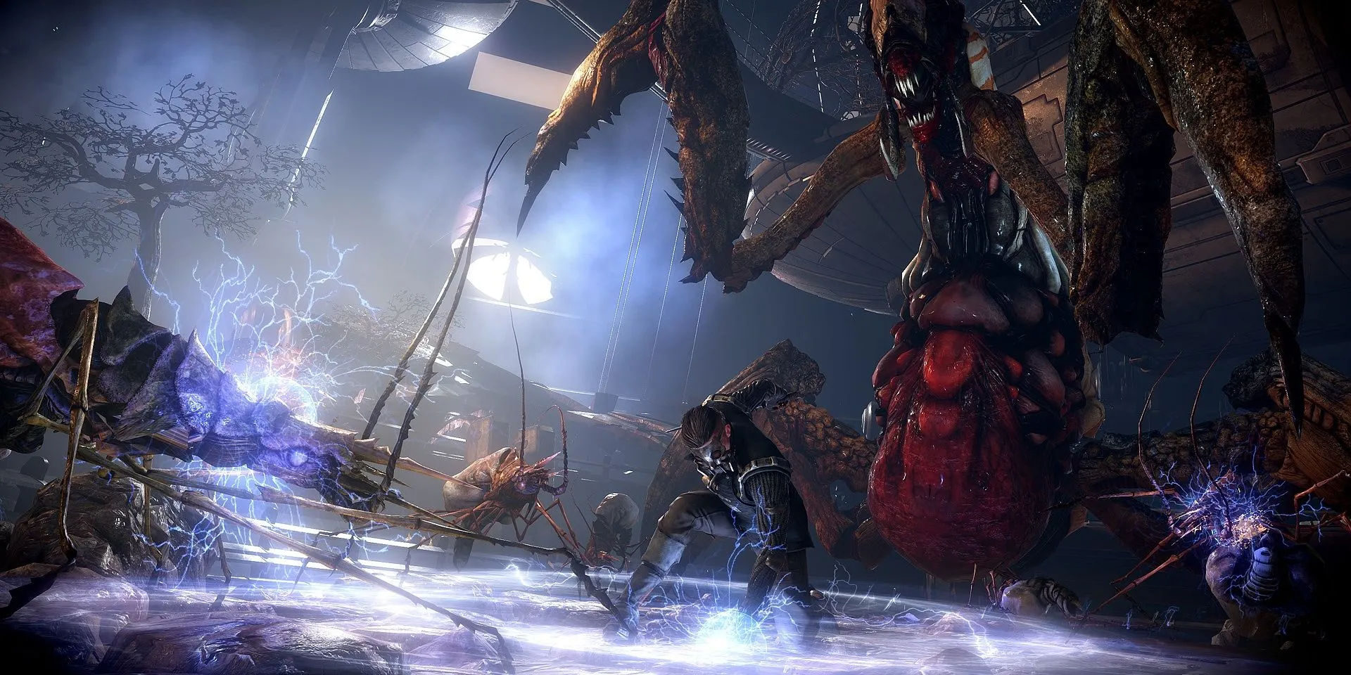 Nhân vật sử dụng sét tấn công quái vật trong game The Technomancer