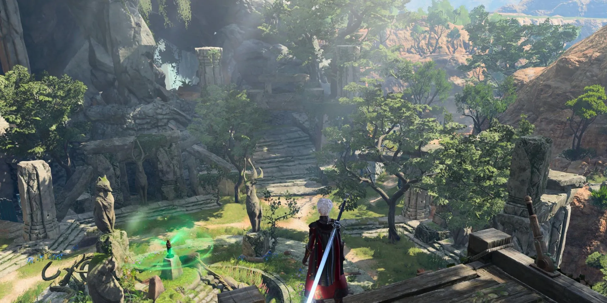 Nhân vật trong Baldur's Gate 3 đứng giữa khu rừng Emerald Grove xanh tươi