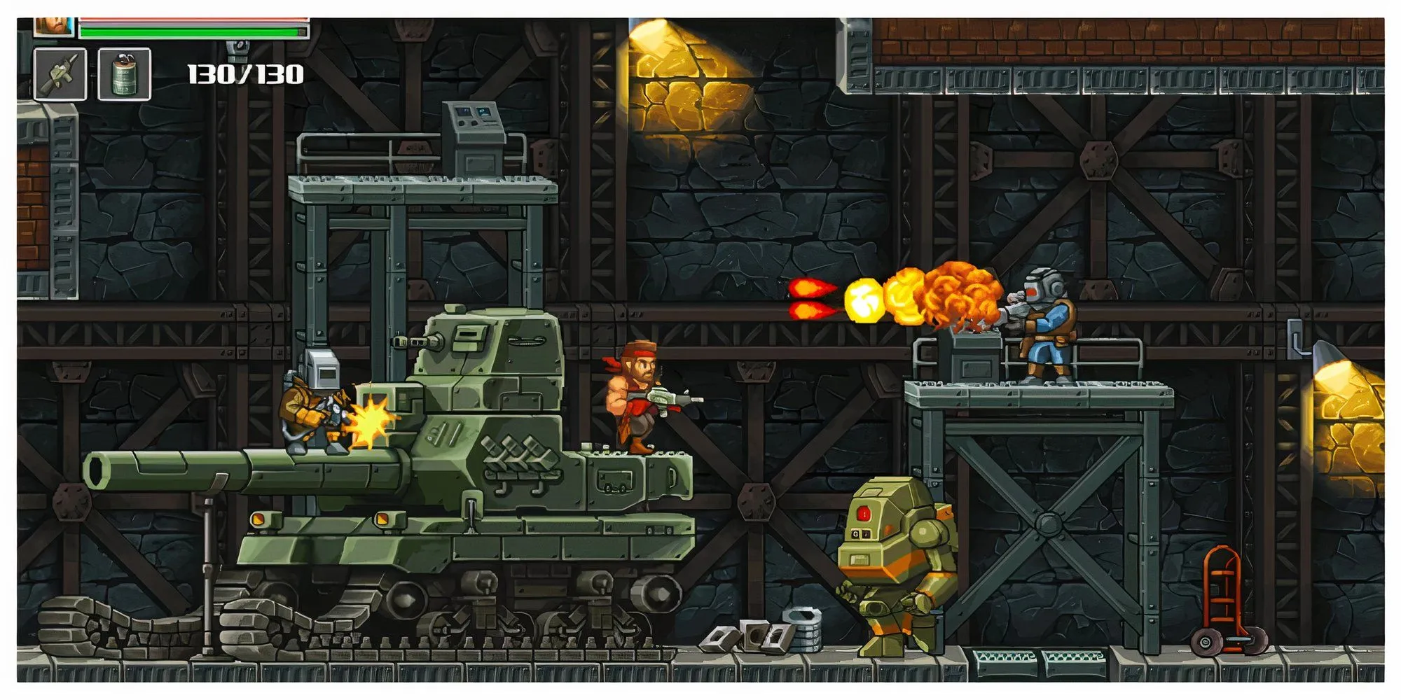 Nhân vật trong Guns of Fury bắn súng vào kẻ địch máy móc