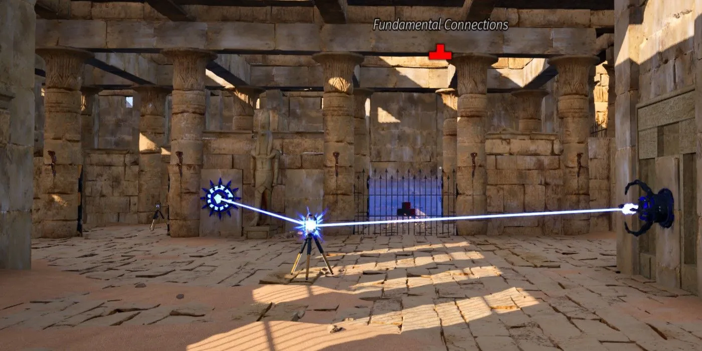 Nhân vật trong The Talos Principle 2 đang cố gắng giải câu đố Kết Nối Cơ Bản giữa một khung cảnh kiến trúc cổ đại và công nghệ tương lai