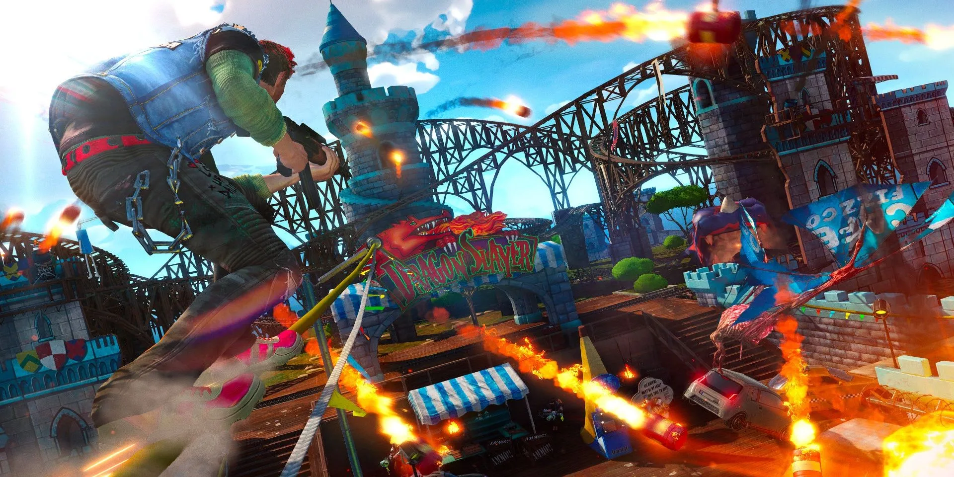 Nhân vật trượt trên đường ray trong game Sunset Overdrive
