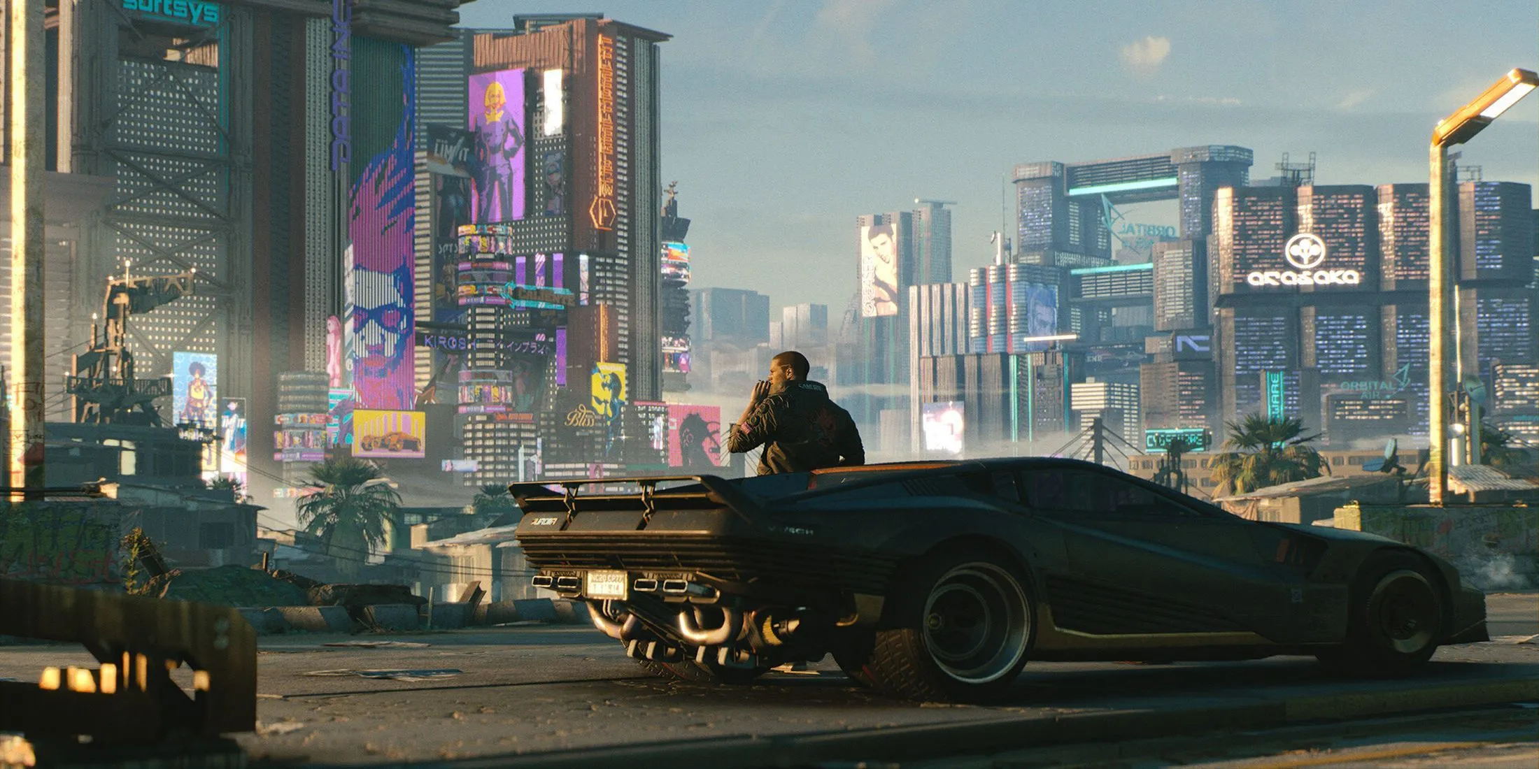Nhân vật V và chiếc xe đứng bên ngoài thành phố Night City trong Cyberpunk 2077, một thế giới tương lai đầy công nghệ và bất ổn