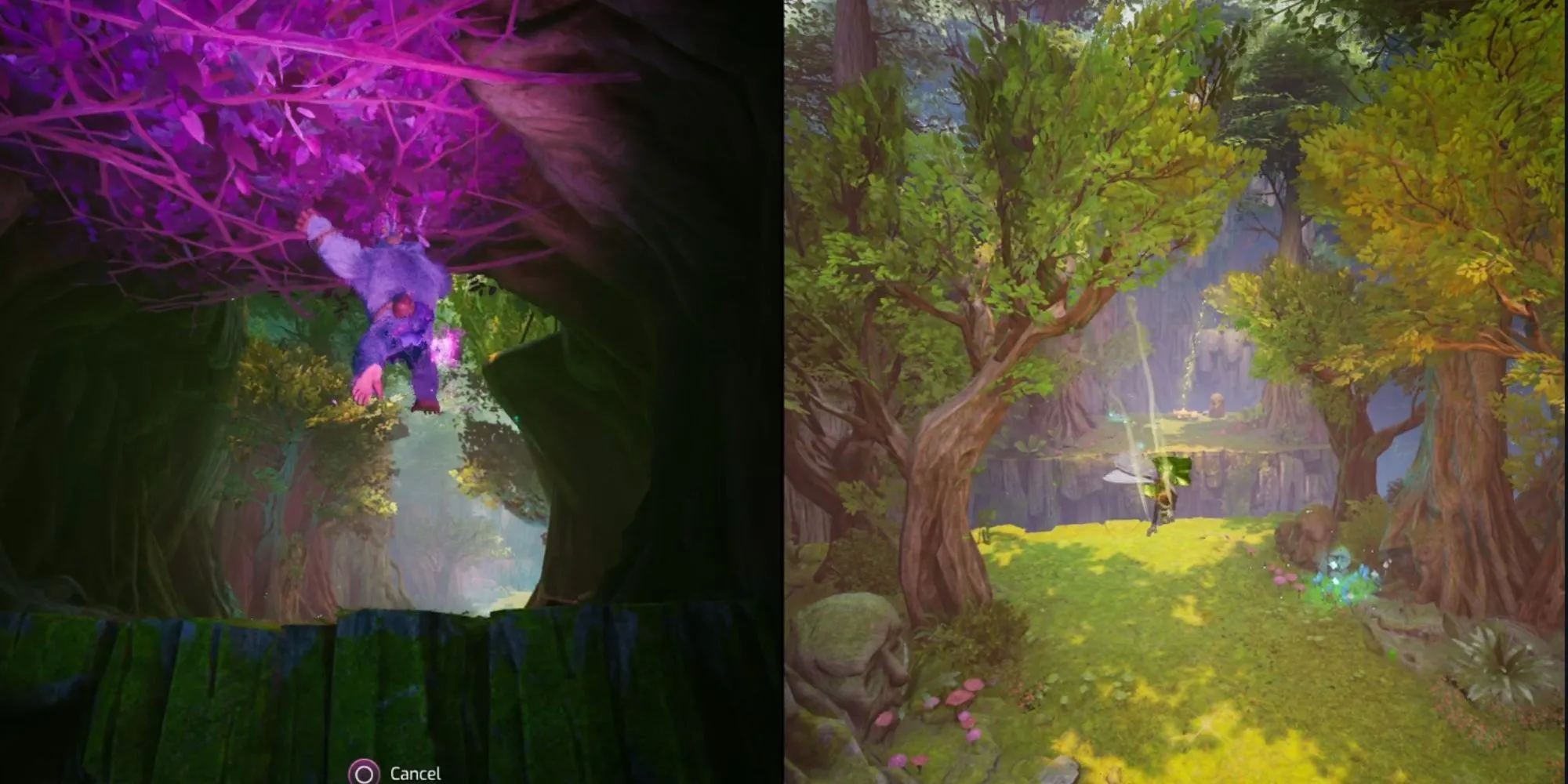 Nhân vật Vượn-Mio đang leo trần nhà và Tiên-Zoe bay qua vực thẳm trong khu vực The Underlands của Split Fiction