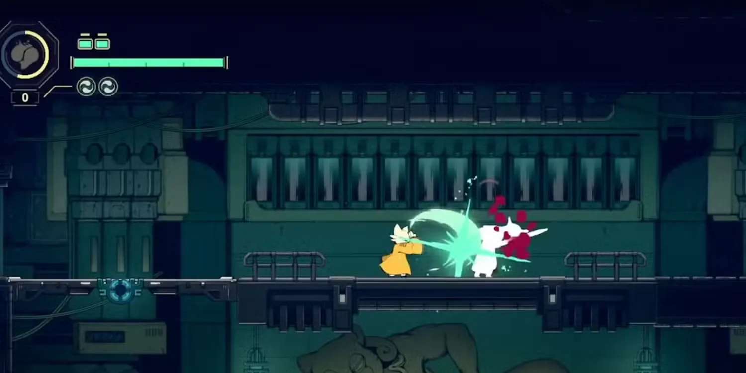 Nhân vật Yi đang chiến đấu với lính gác gần Power Reservoir (East) Root Node trong Nine Sols để farm Jin giai đoạn đầu game