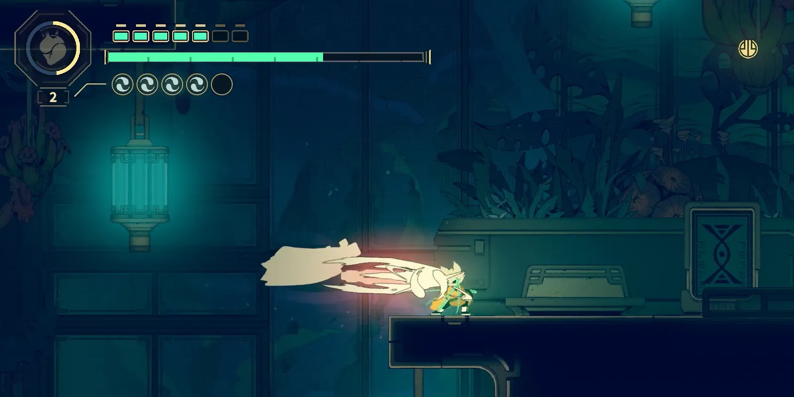 Nhân vật Yi đối đầu với Phoenix Swordsman tại Tiandao Research Center Root Node trong Nine Sols, một điểm farm Jin với kẻ địch hồi sinh liên tục
