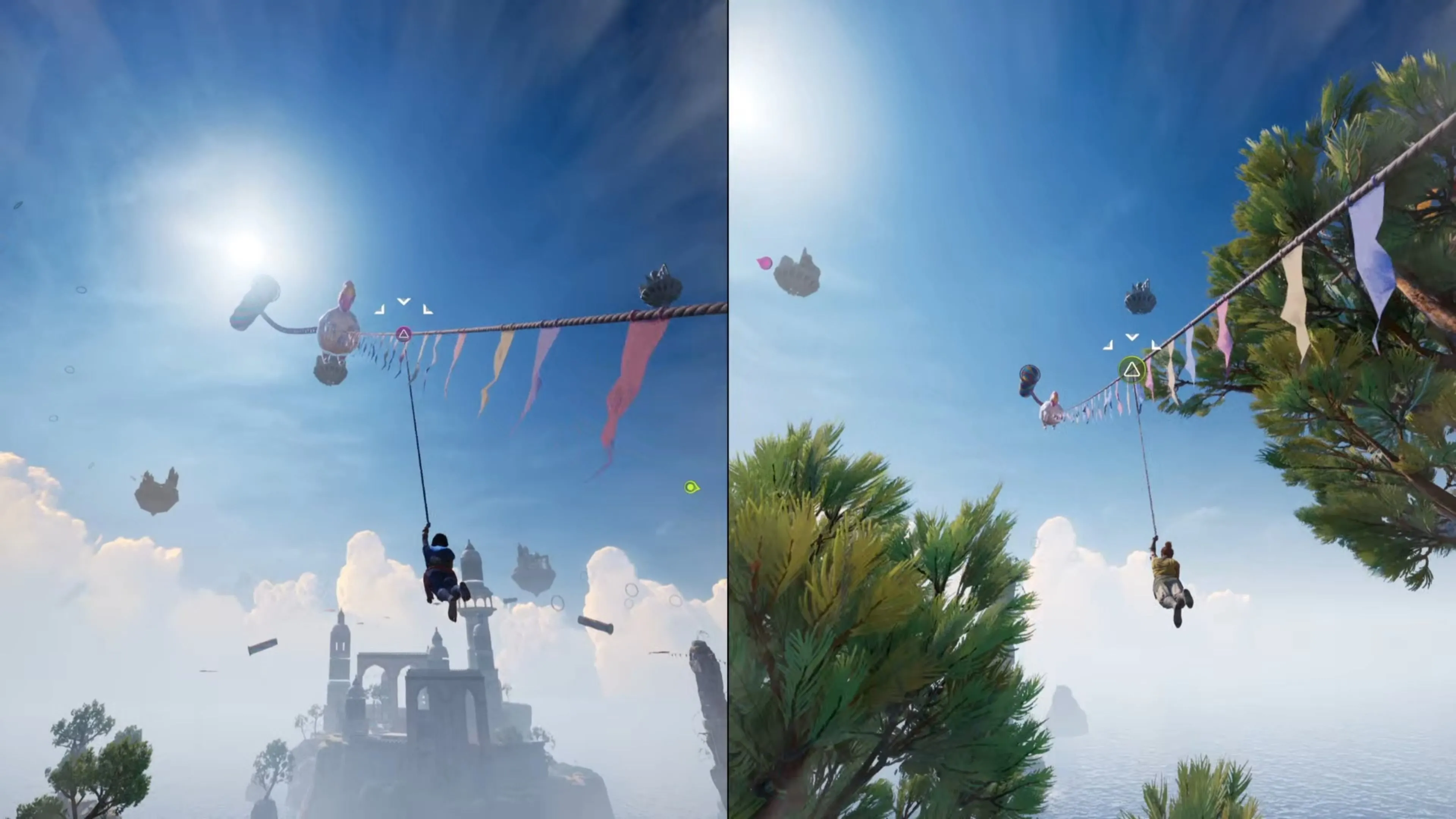 Nhân vật Zoe hoặc Mio đu zipline tốc độ trong màn chơi Kites của Split Fiction