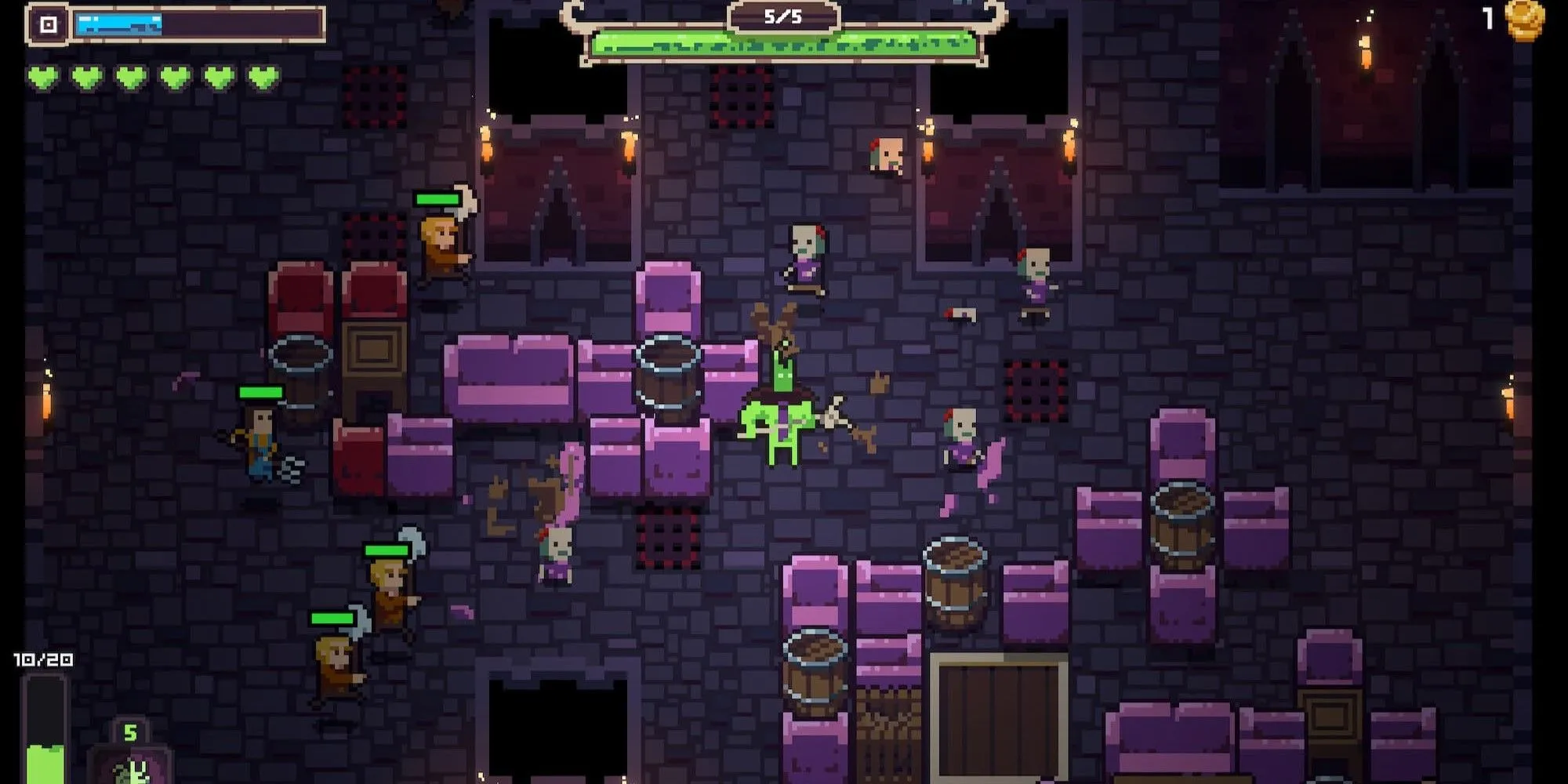 Nhiều kẻ địch quái vật pixel trong game NecroBouncer