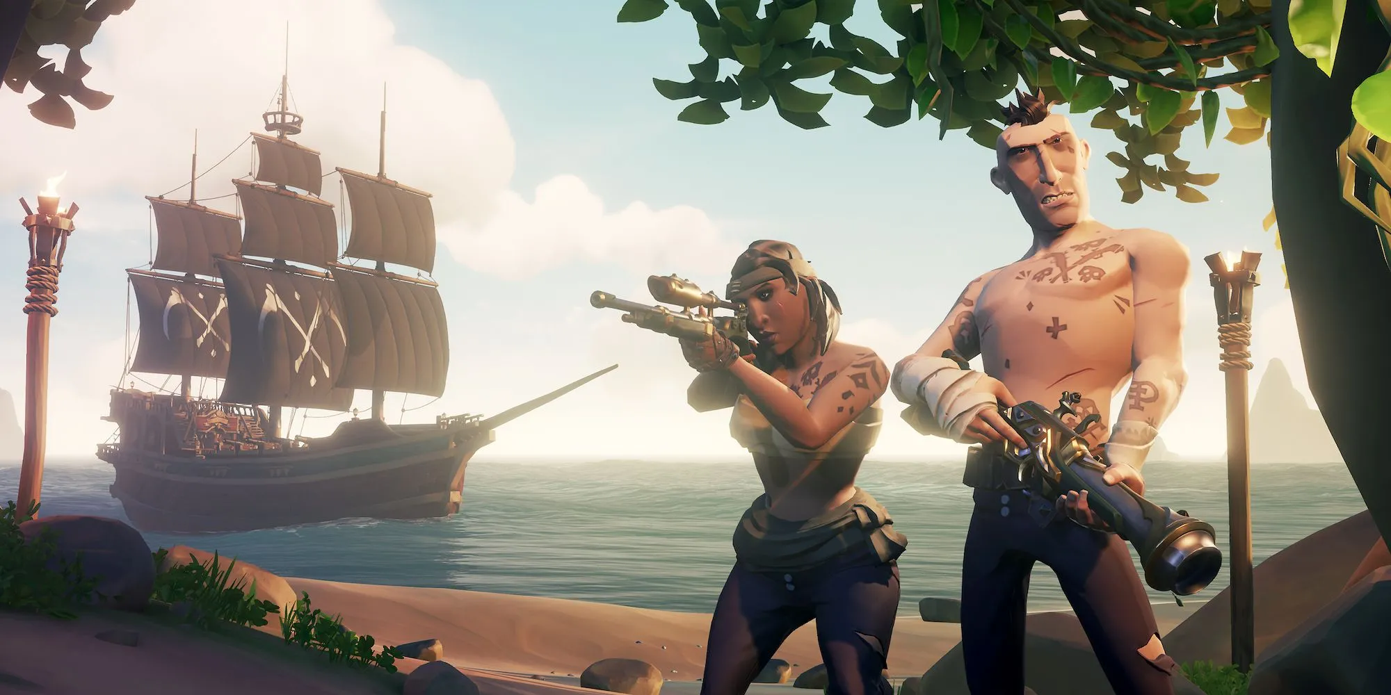 Nhóm cướp biển Sea of Thieves nhắm vũ khí trên boong tàu