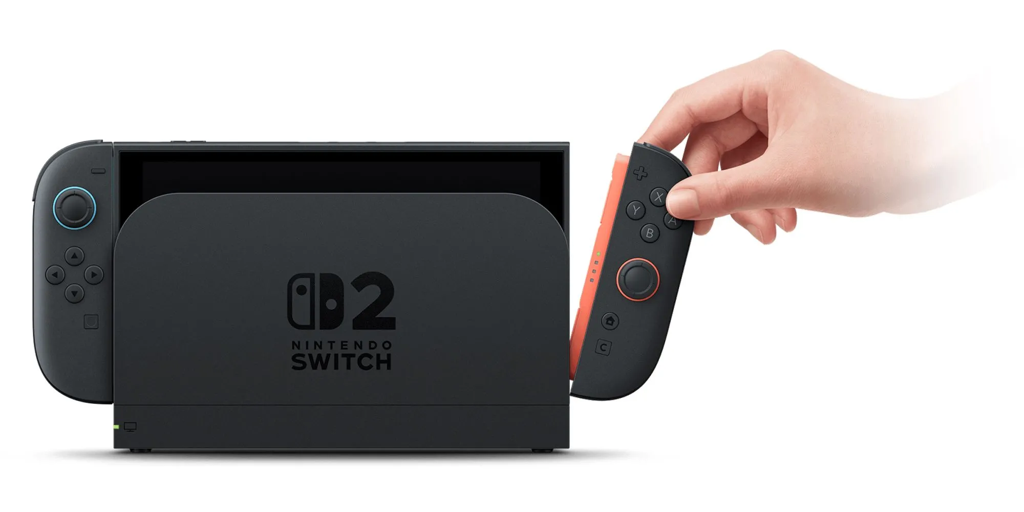 Nintendo Switch 2 đang cắm vào dock với Joy-Con trái được tháo rời thể hiện tính năng linh hoạt