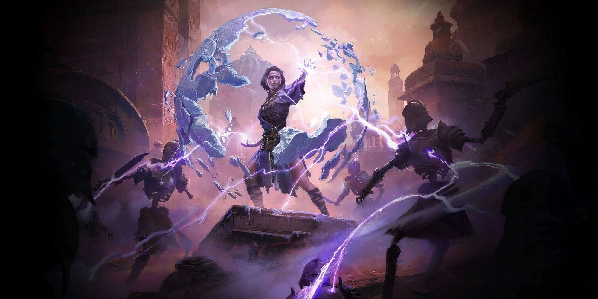Nữ Pháp Sư Stormweaver trong Path of Exile 2 đang thi triển phép thuật Spark, tạo ra những tia sét lan tỏa
